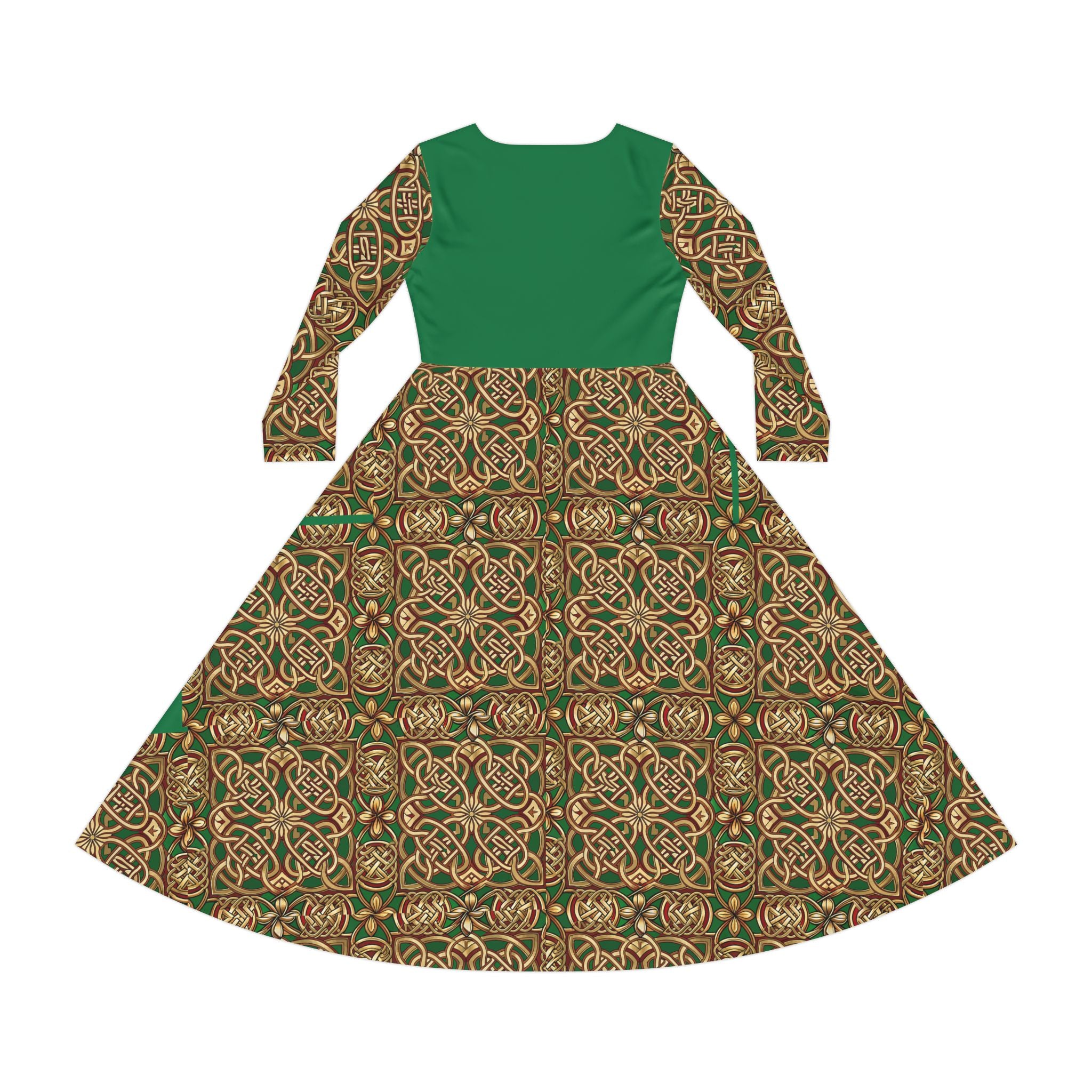 Green dress with Celtic intricate gold patterns on a white background