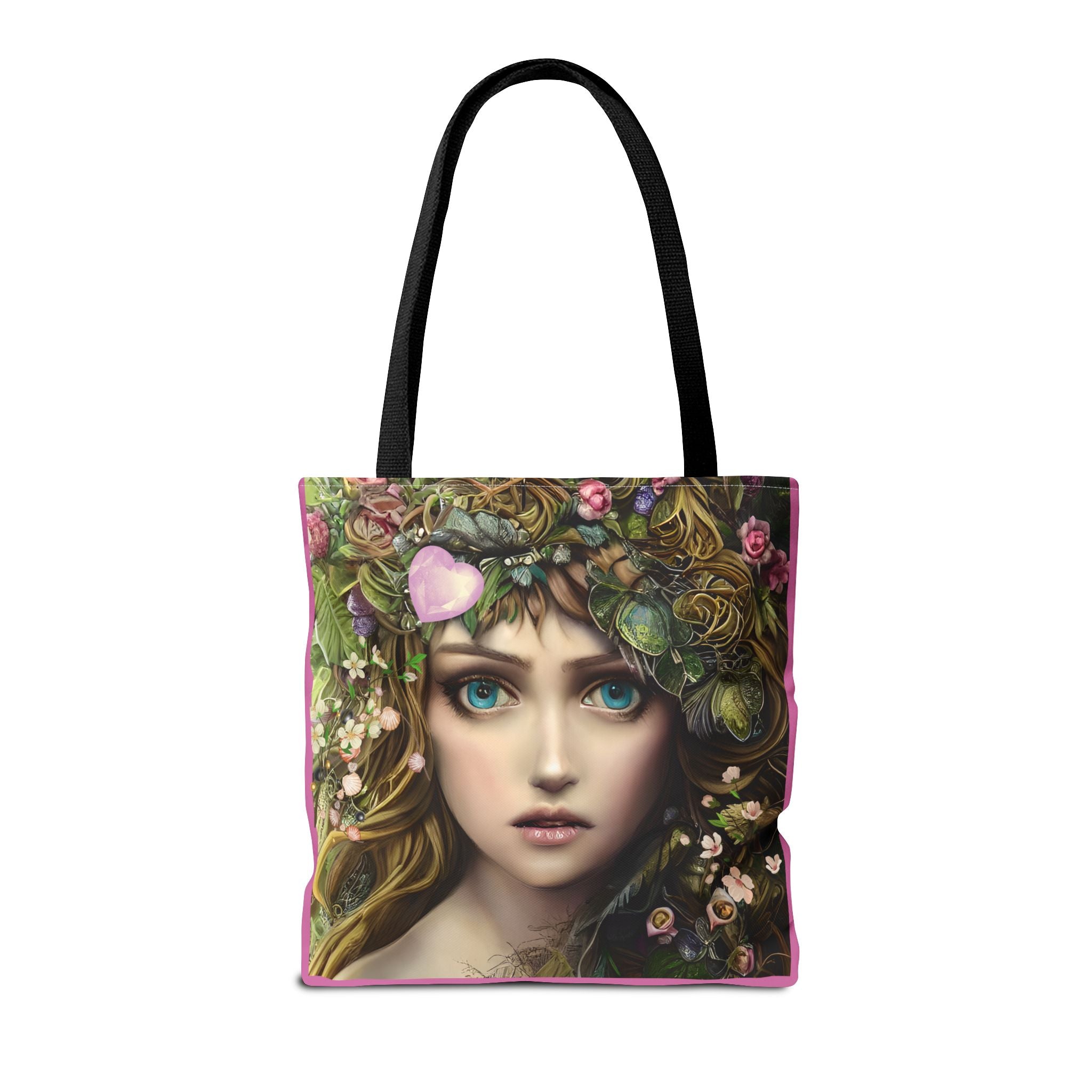 Tote bag with a design of a woman's face surrounded by flowers and leaves