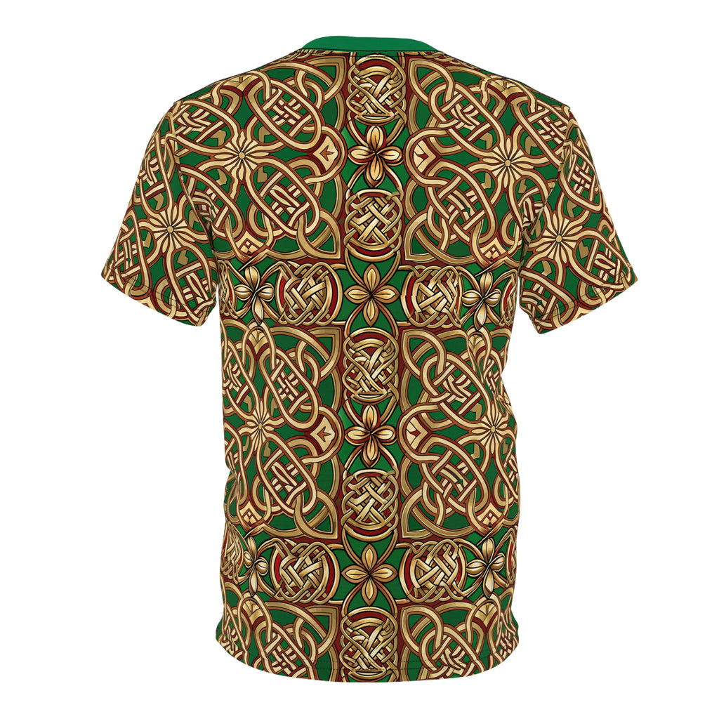 Celtic Knot Pattern Tee — Green & Gold All-Over Print