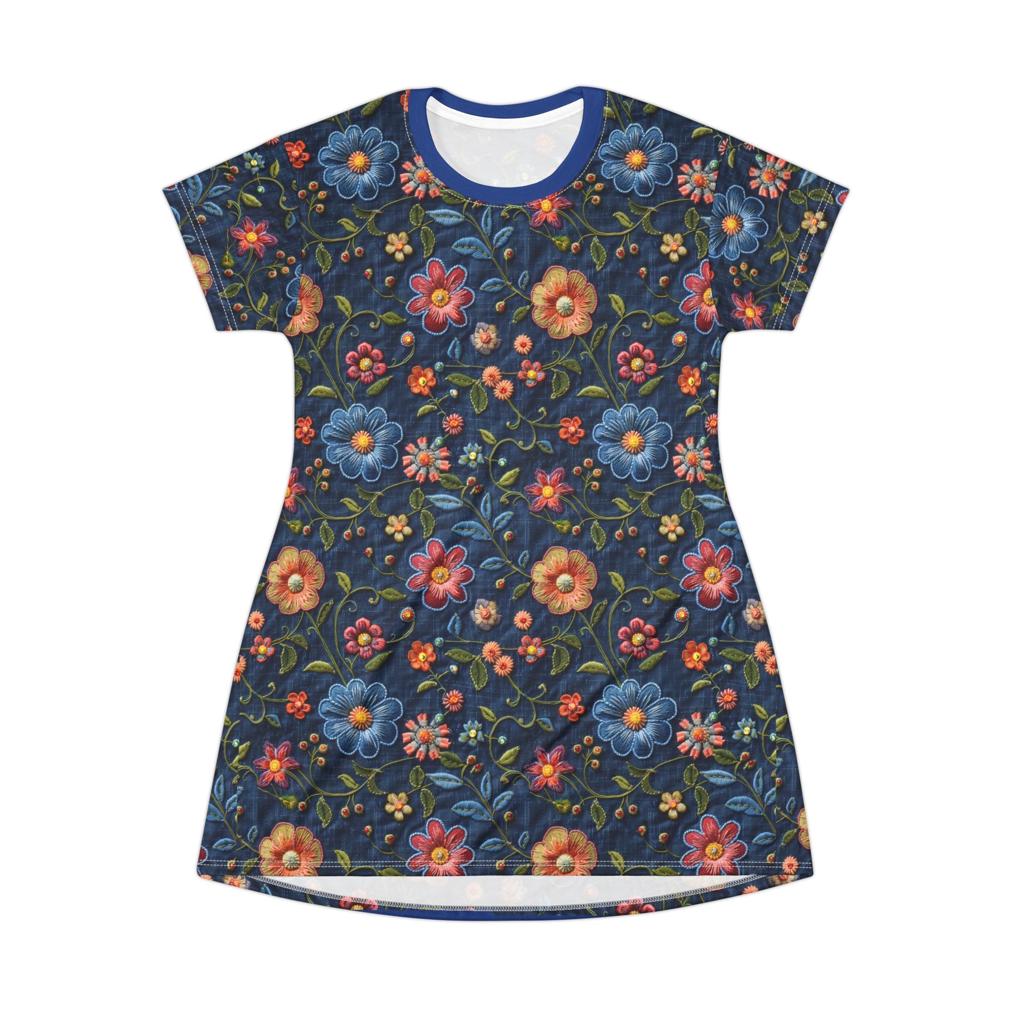 Short-sleeve dress with colorful floral pattern on a white background