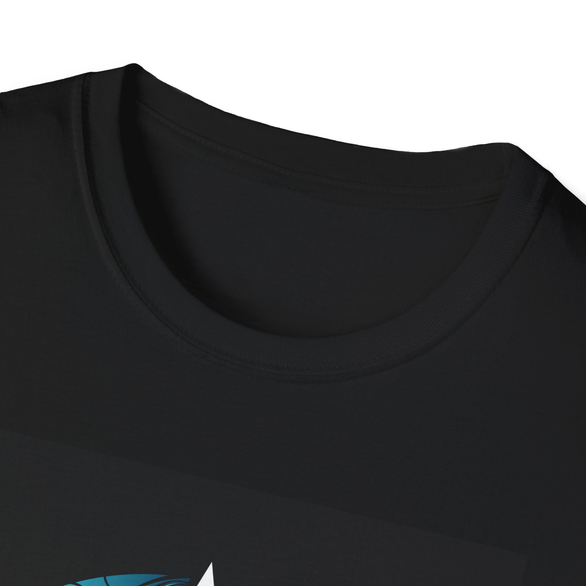 Close up of collar on a black t-shirt.