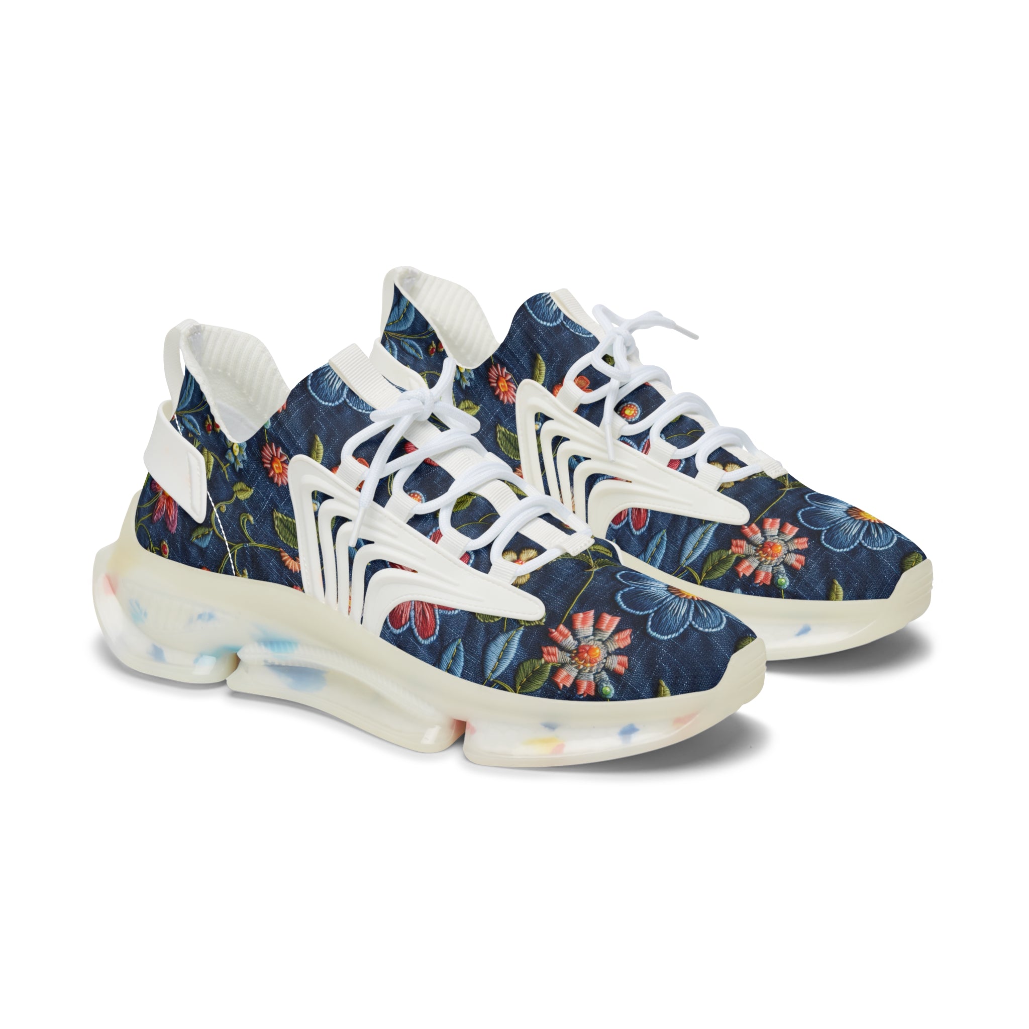 Navy blue floral-patterned sneakers with white laces on a white background
