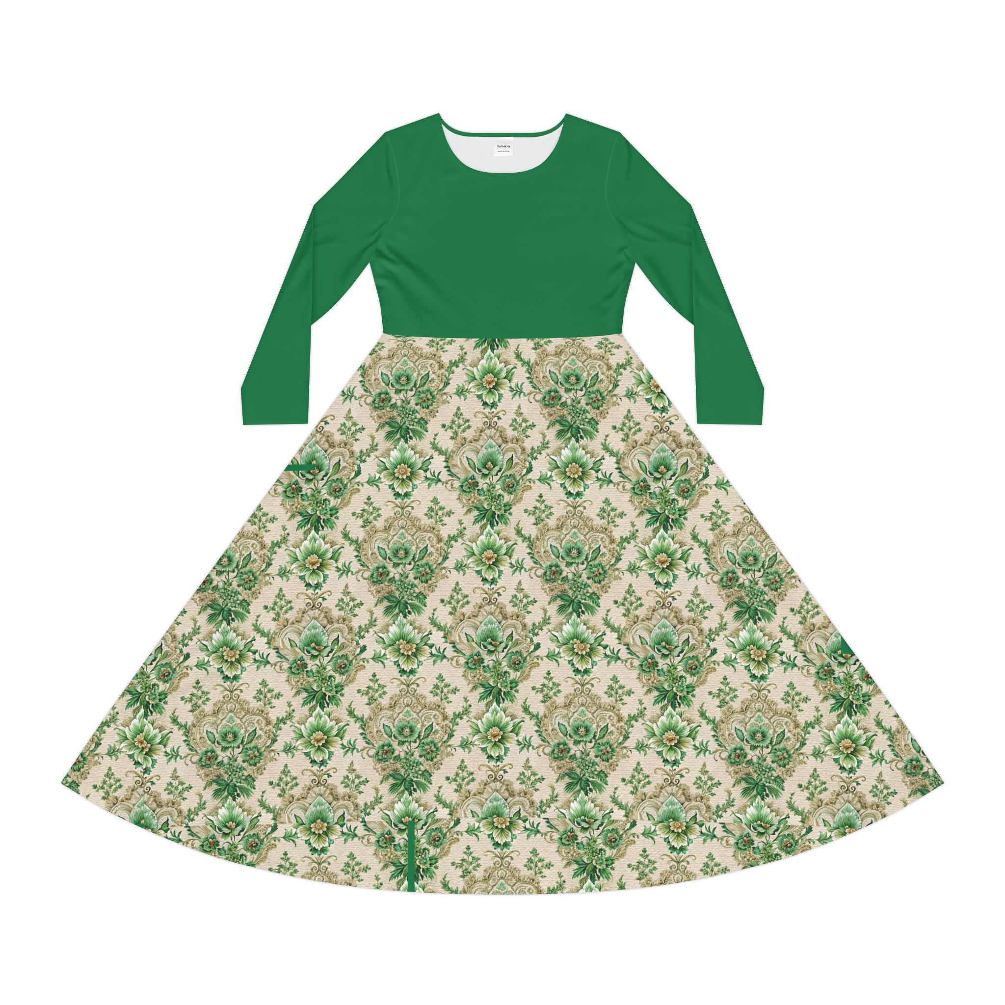 Green Victorian print dress on a white background