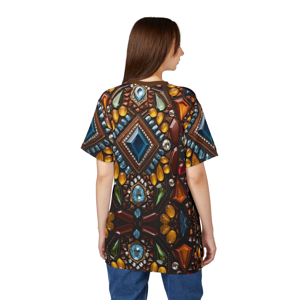 Model wearing a a Faux jewel toned t-shirt on white background.