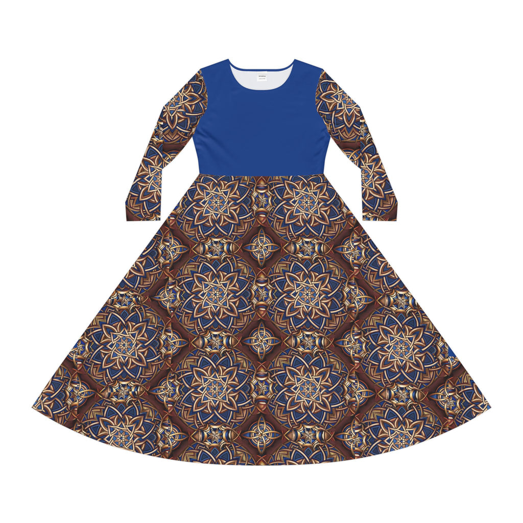 Blue dress with a Celtic patterned skirt on a white background