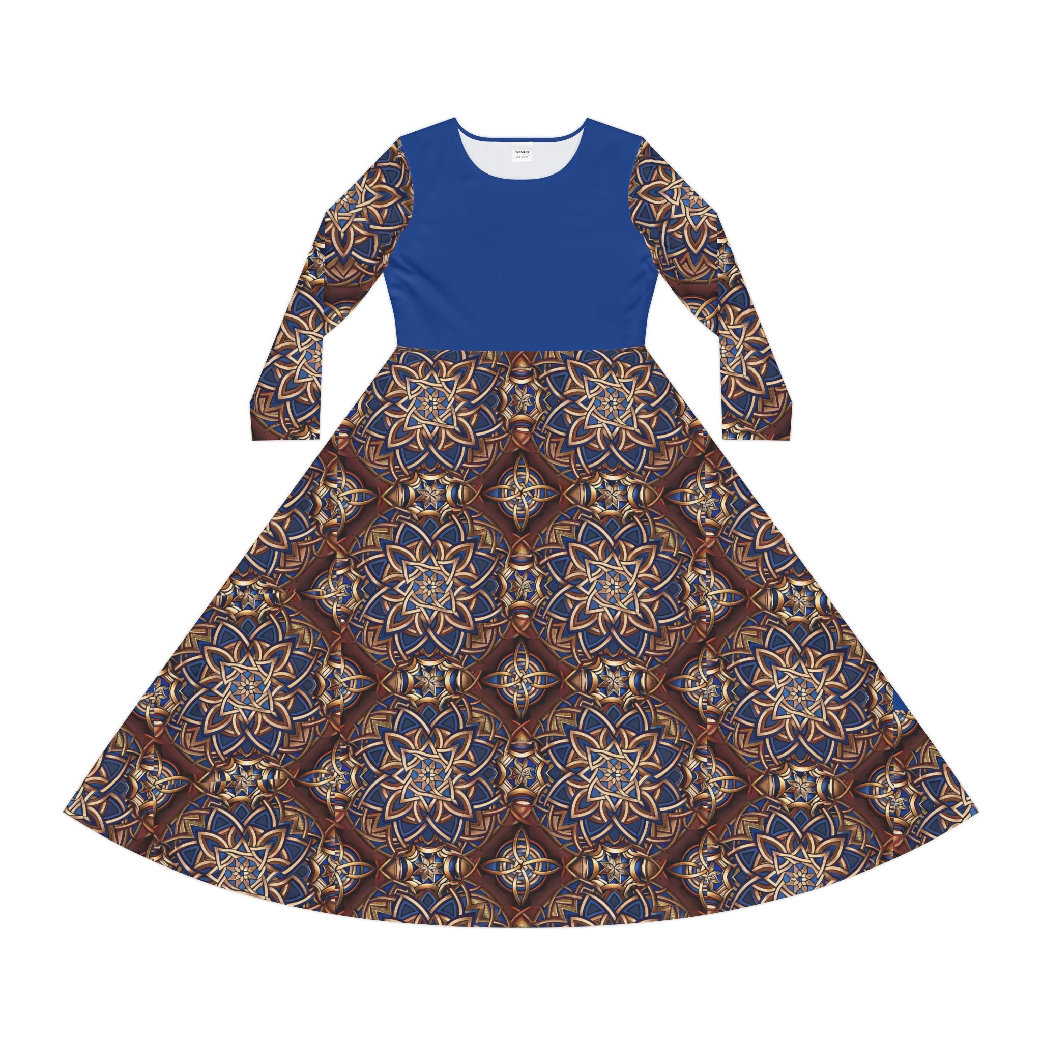 Long Sleeve Celtic Dress — Blue Bodice with Ornate Celtic Skirt