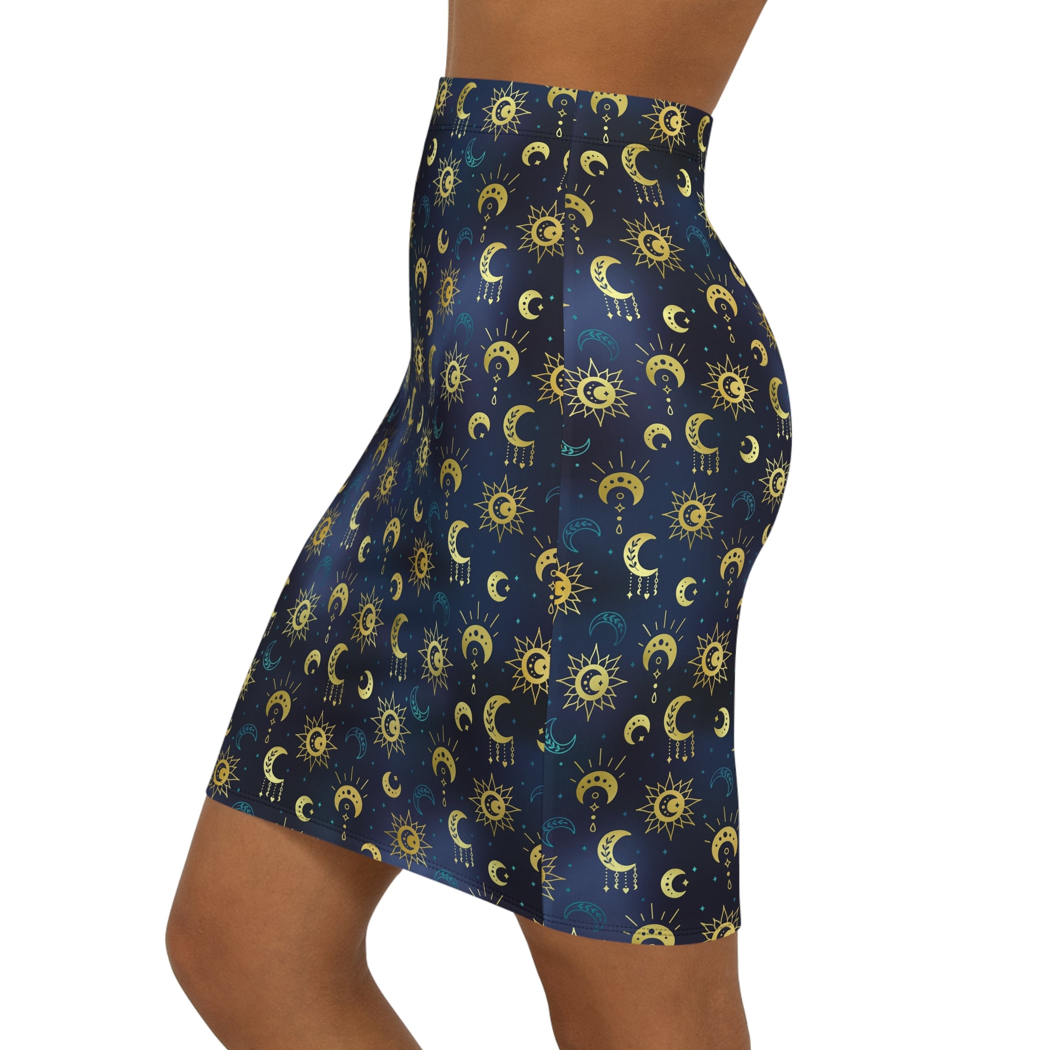 Side view of pencil skirt in celestial pattern.