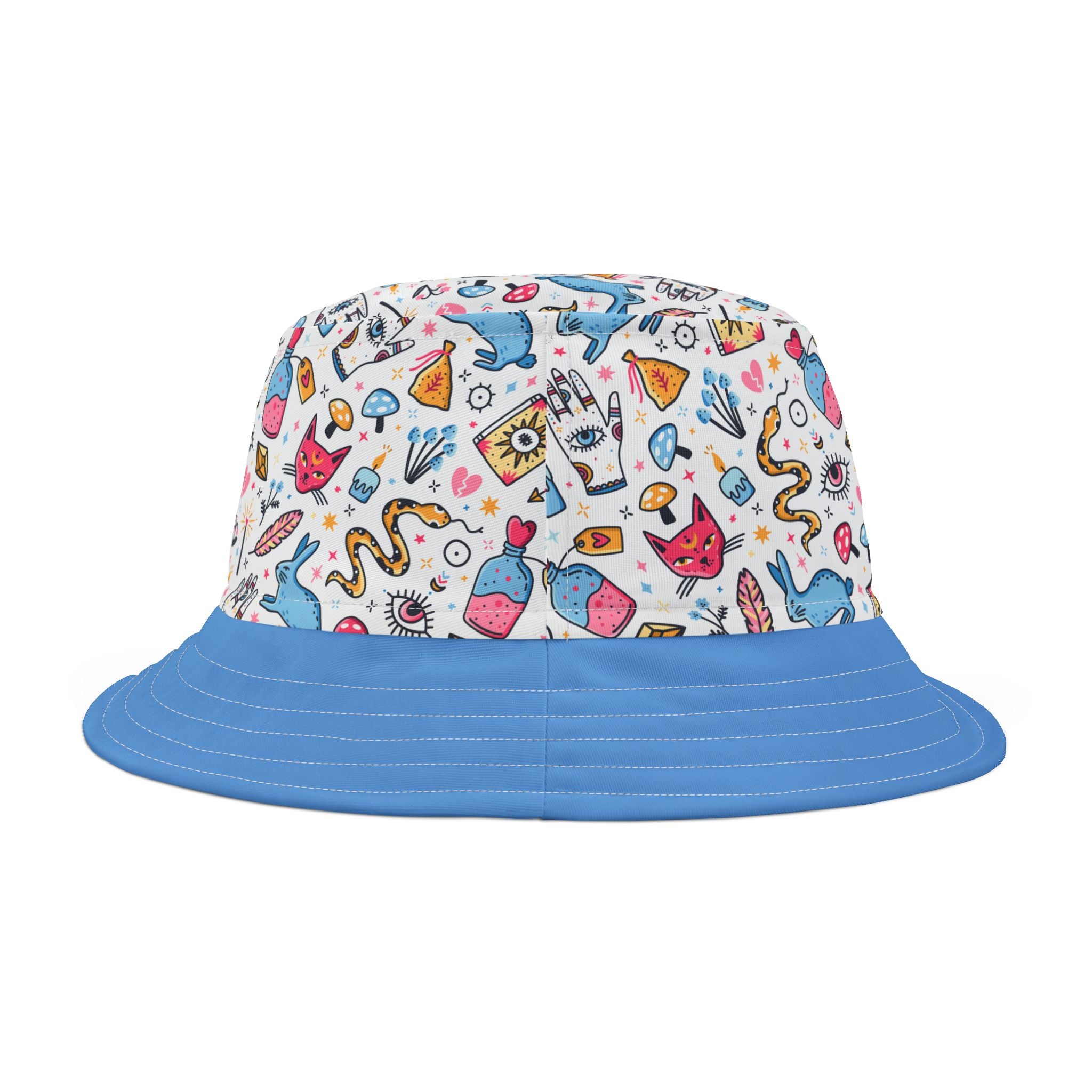 Bucket hat with colorful pattern and blue brim on a white background