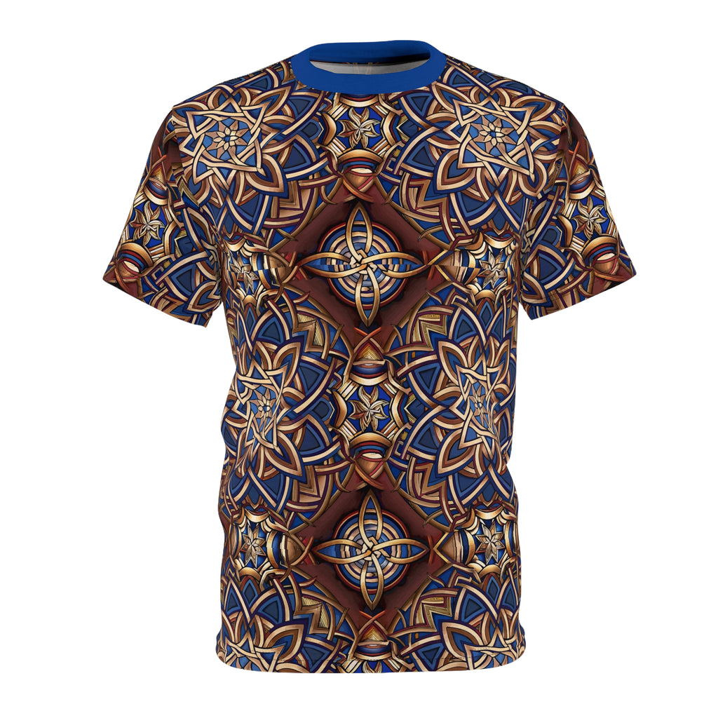 T-shirt with a Celtic pattern in blue and brown on a white background