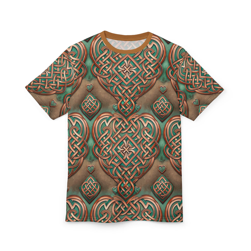 T-shirt with Celtic knot design on a white background