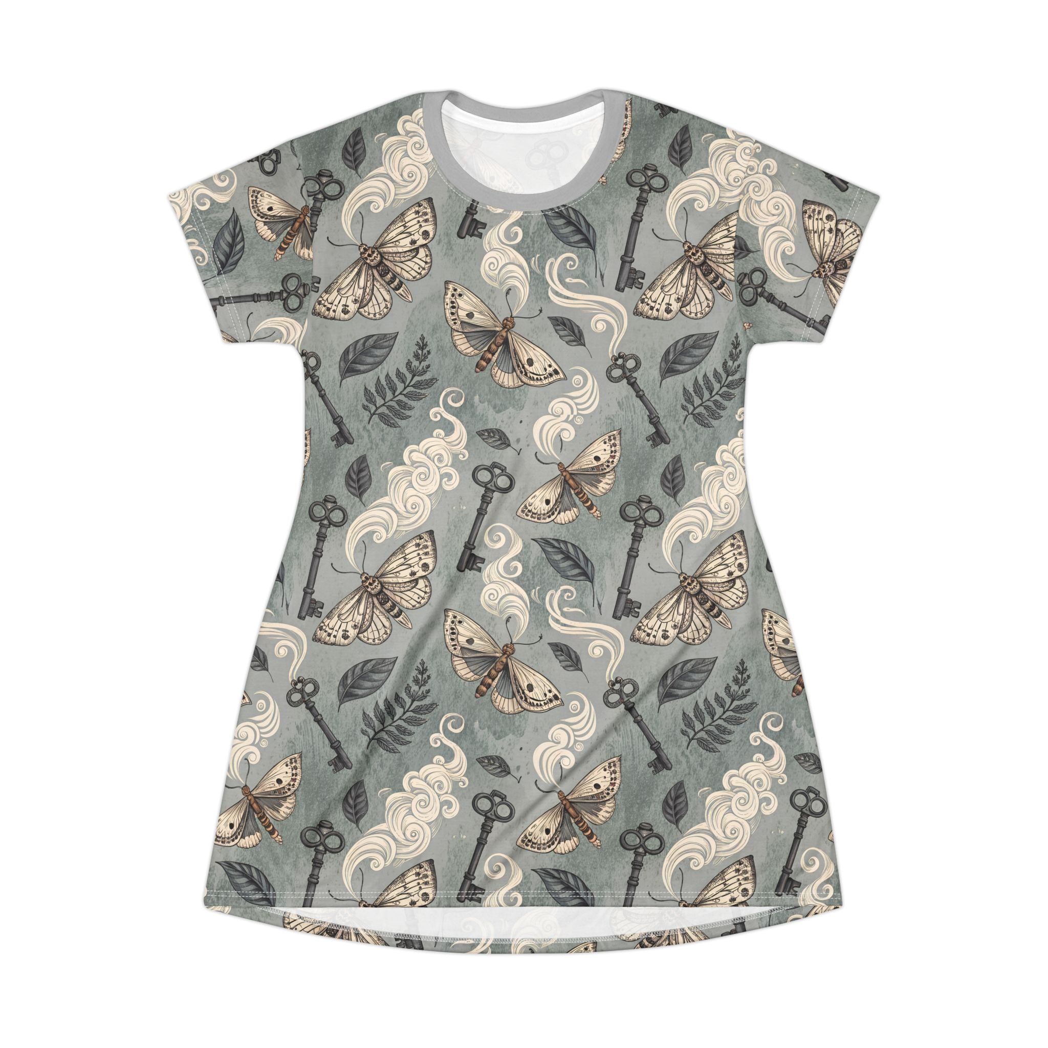 Dress with moth and key pattern on a gray background