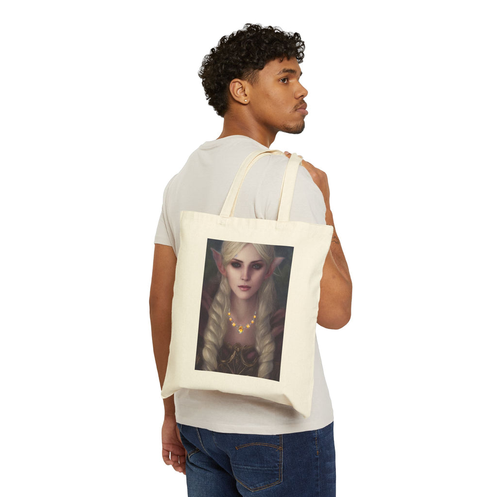 Tote Bag with a Elvish character with long blonde hair and pointed ears wearing a necklace with yellow Topaz stones.
