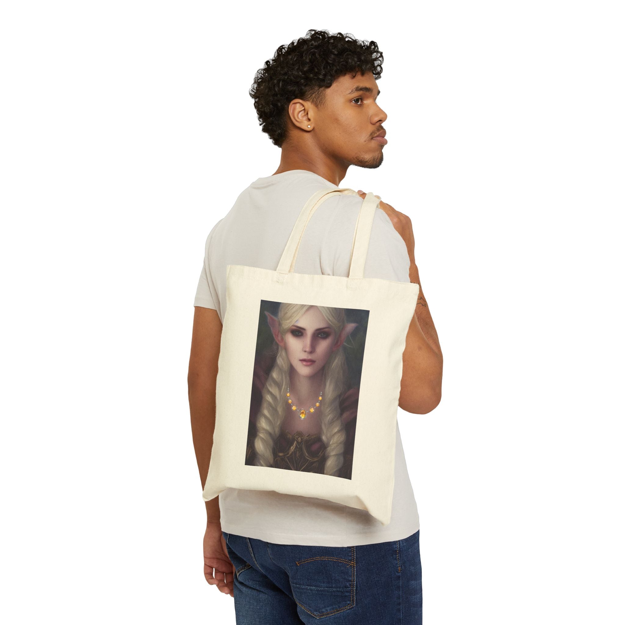 Tote Bag with a Elvish character with long blonde hair and pointed ears wearing a necklace with yellow Topaz stones.