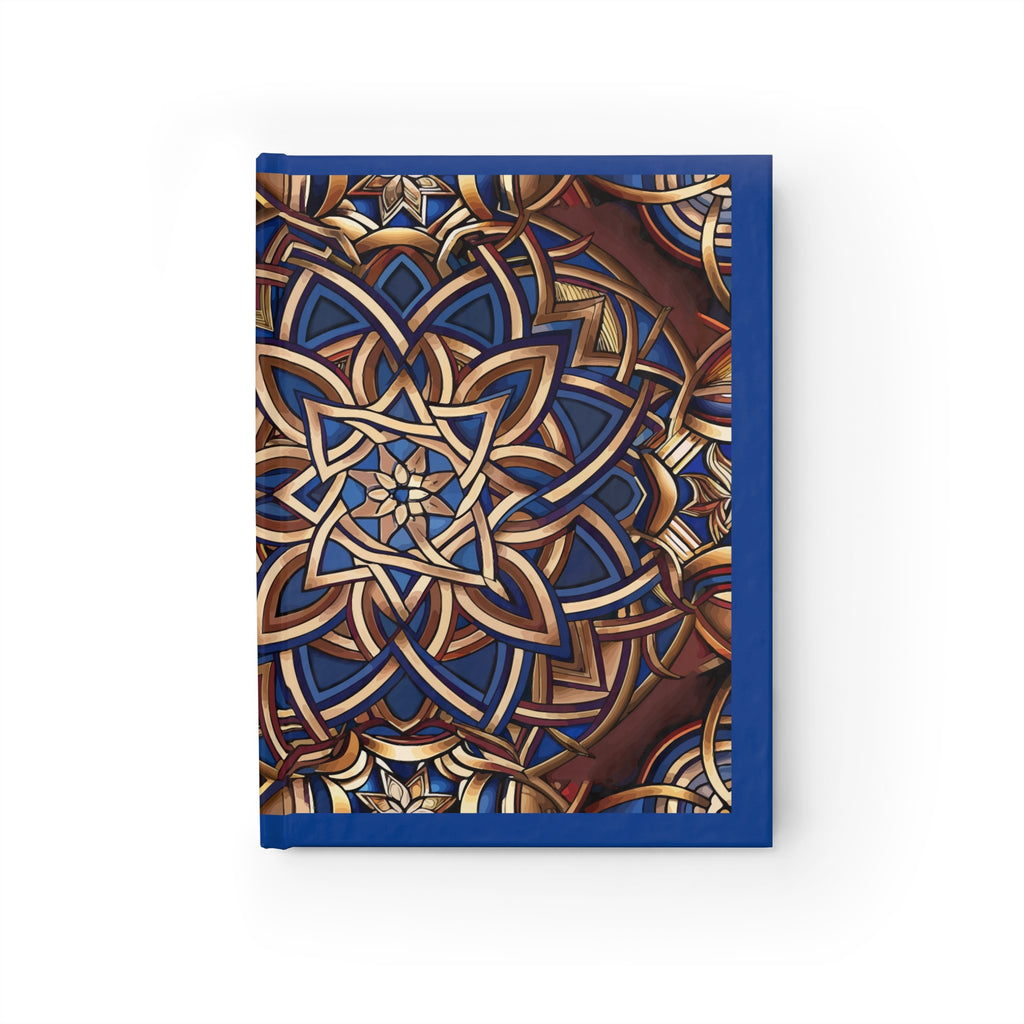 Notebook with a blue and gold Celtic pattern on a white background