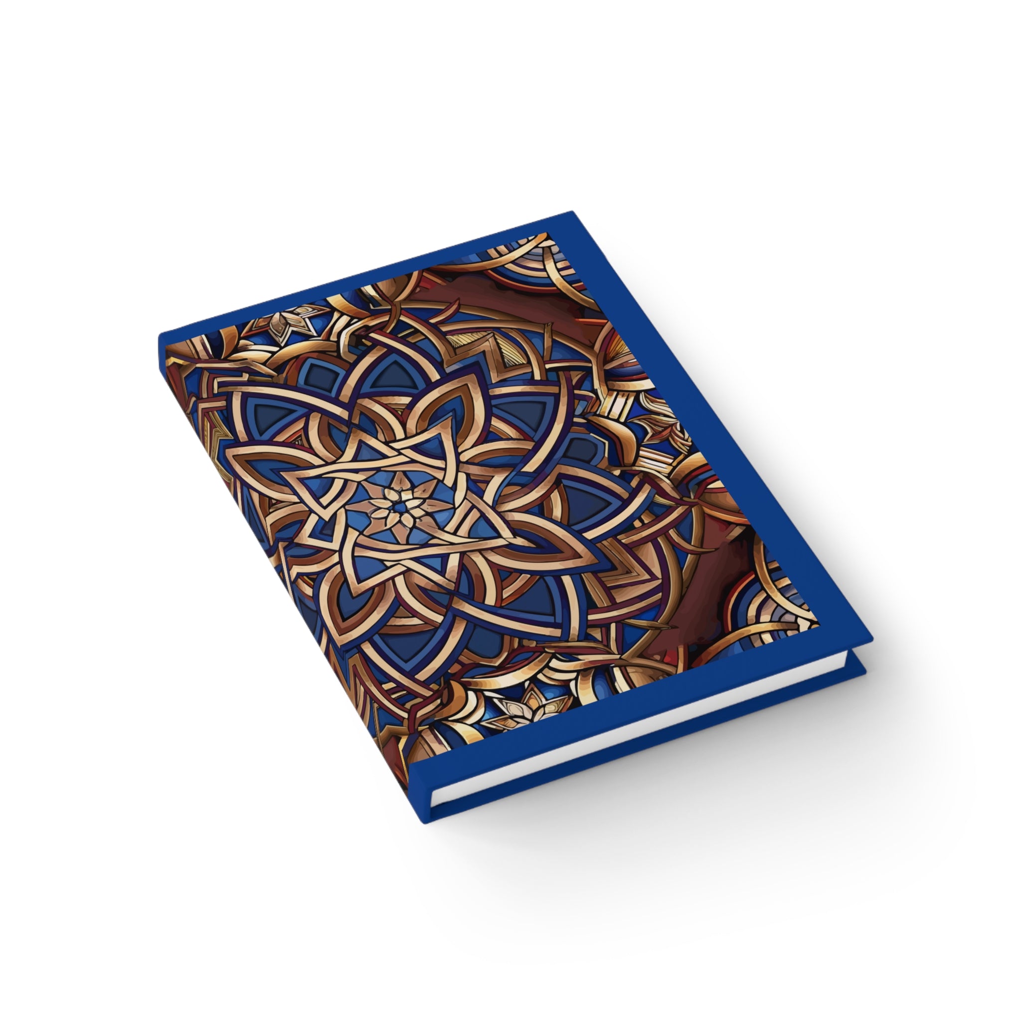 Notebook with a blue and gold Celtic pattern on a white background