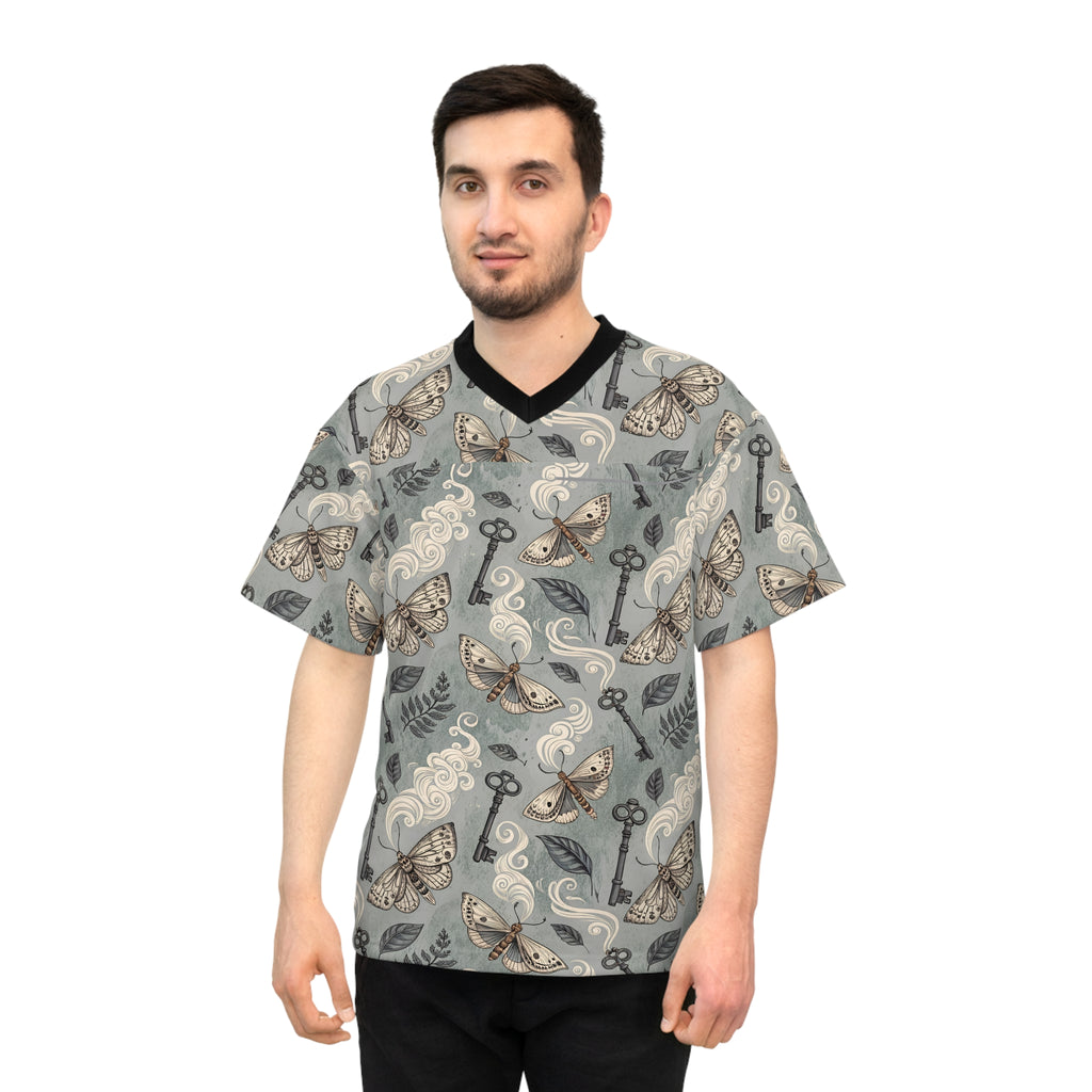 Man wearing a patterned shirt with keys and moths on a white background