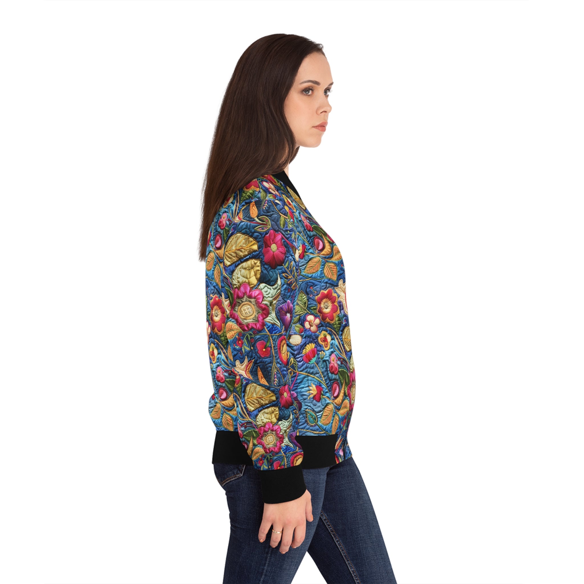 Floral Embroidery Print Bomber Jacket — Colorful Vintage Garden AOP