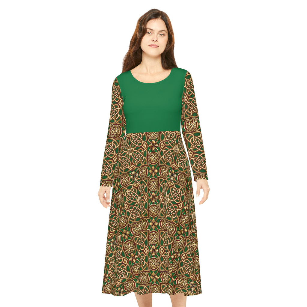 Woman wearing a green dress with a patterned skirt on a white background