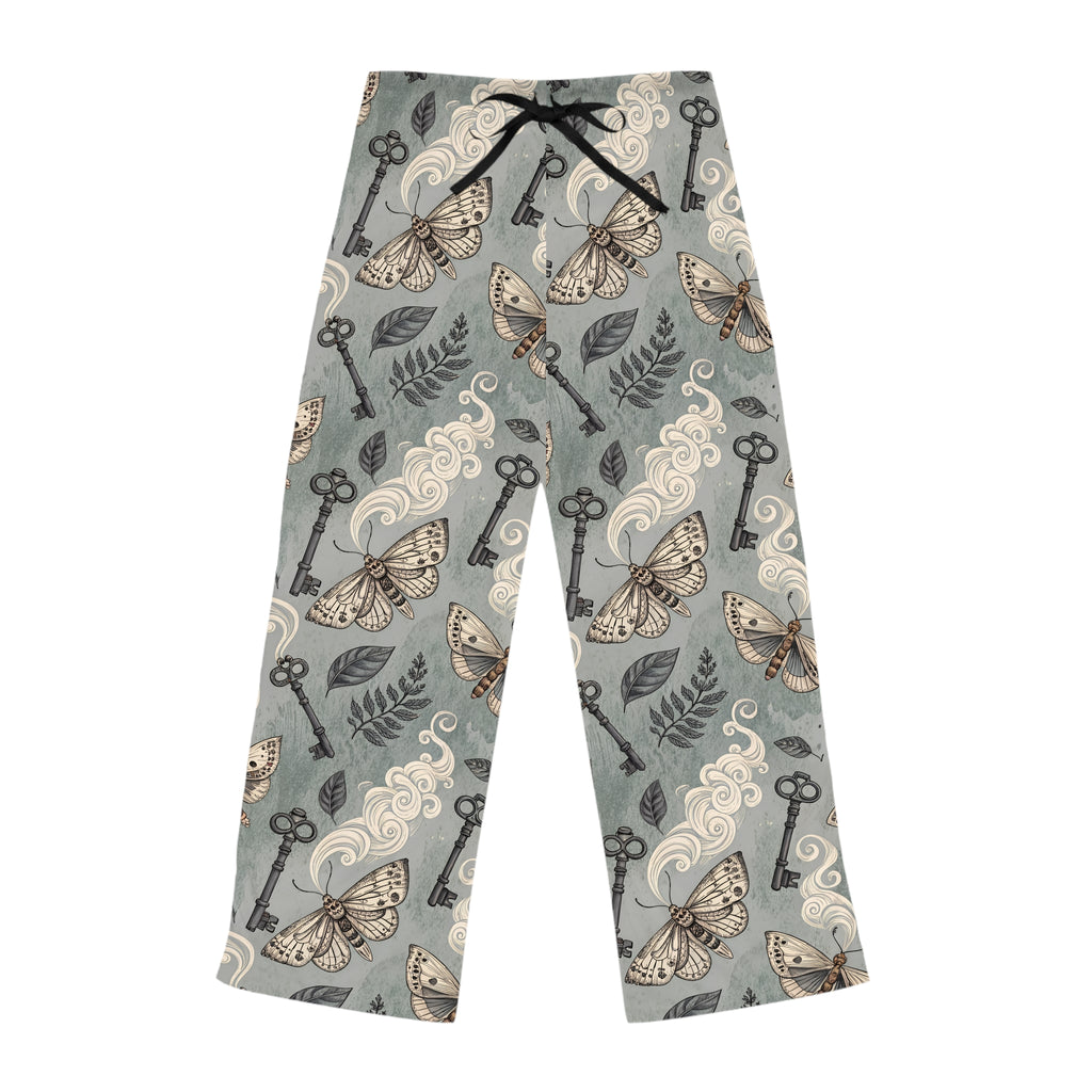 Pajama pants with key and moth pattern on a white background