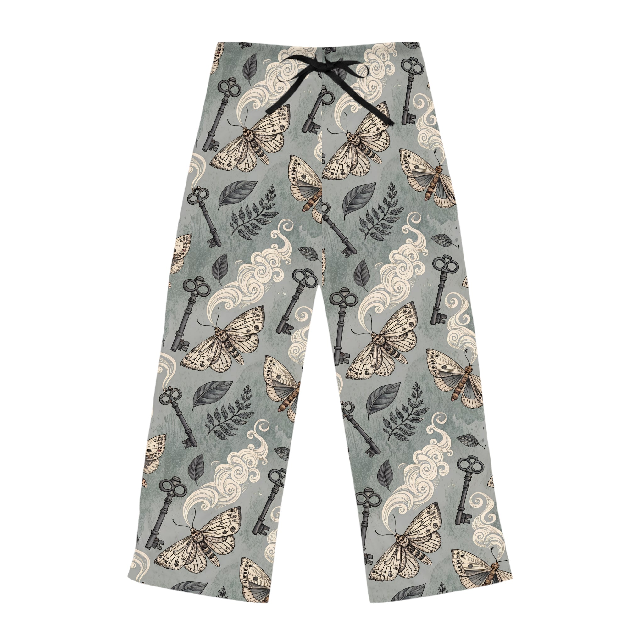 Pajama pants with key and moth pattern on a white background