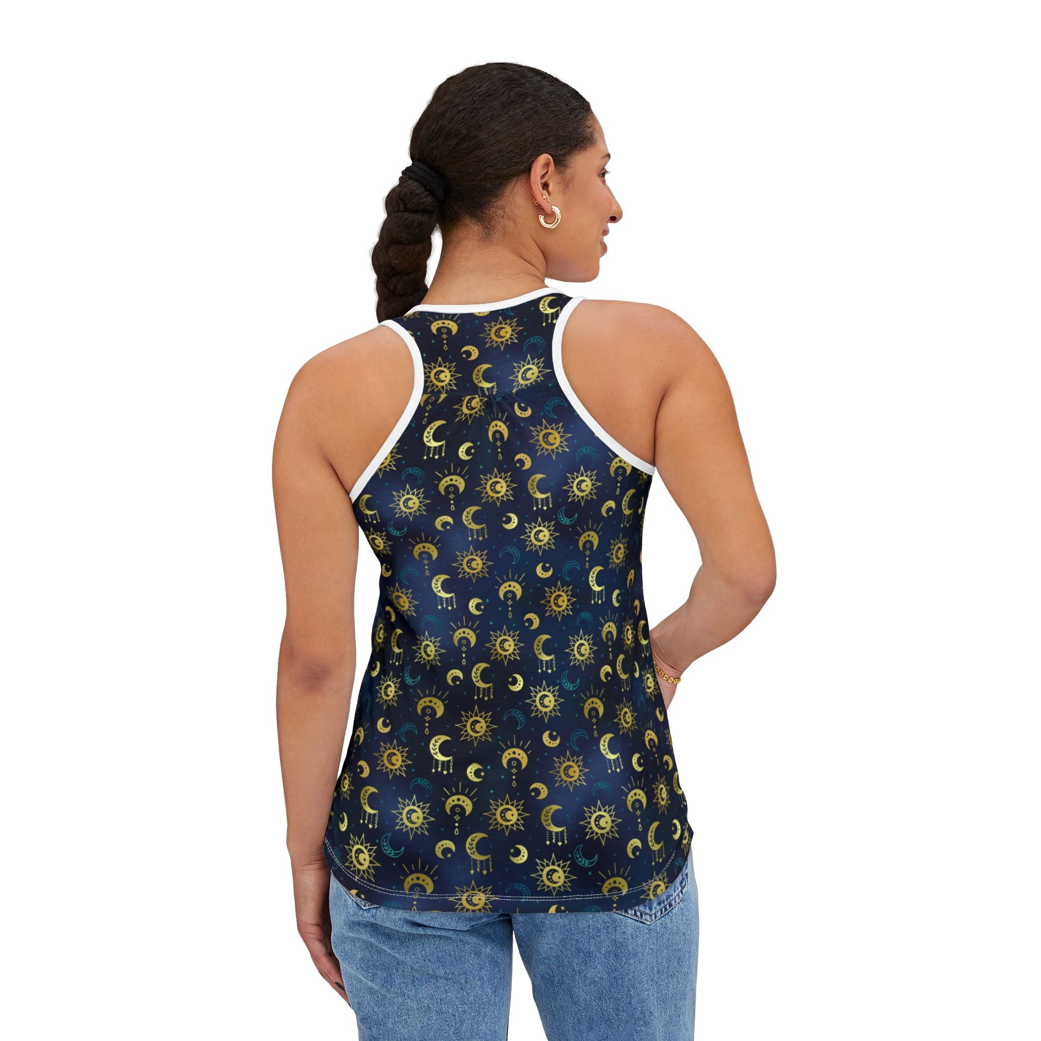 Back of model wearing tank top in celestial pattern
