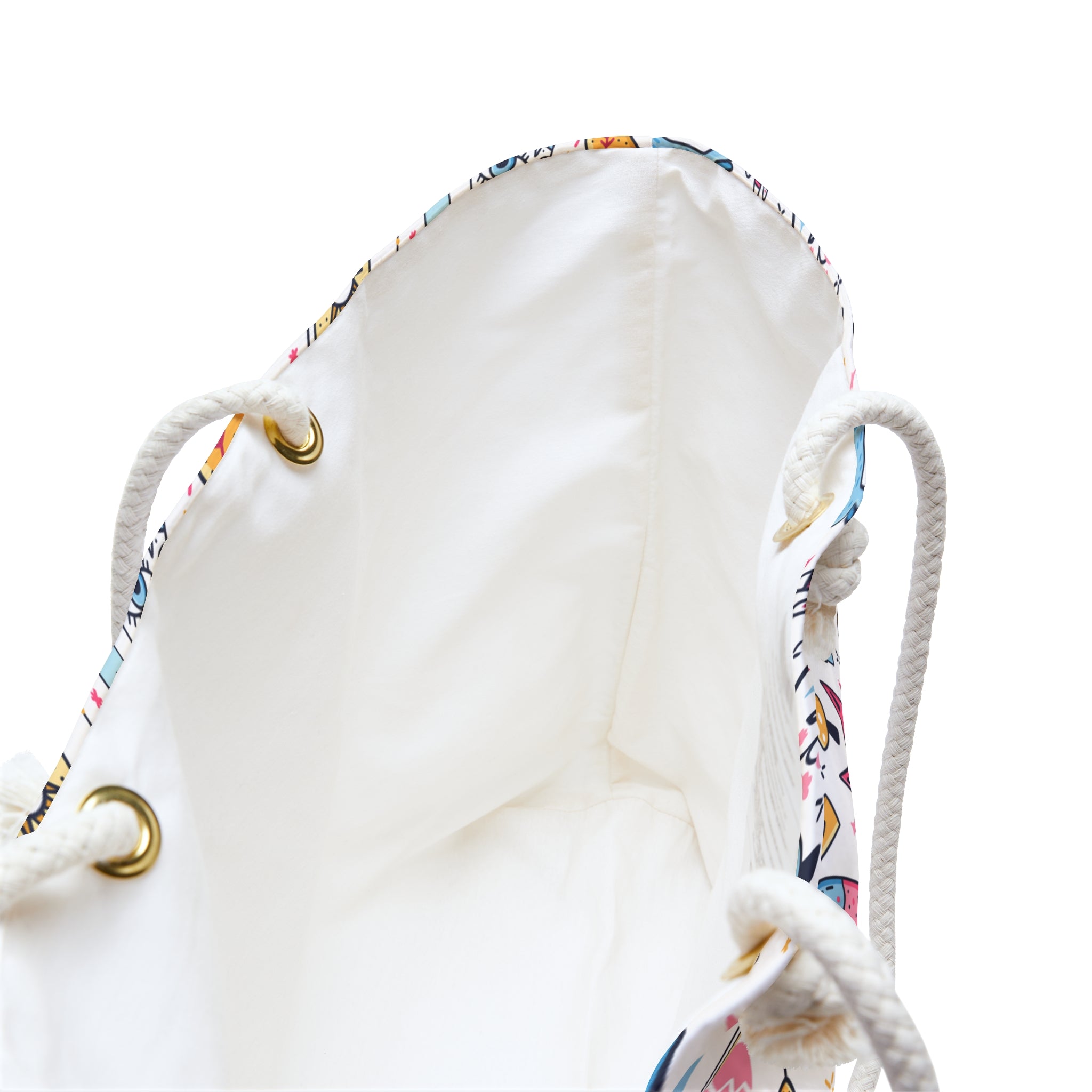 White open tote bag with colorful pattern on a white background