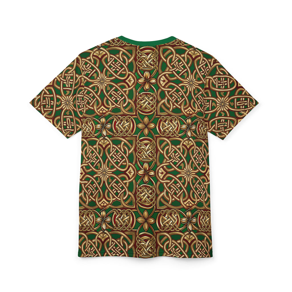 T-shirt with intricate green and brown pattern on a white background