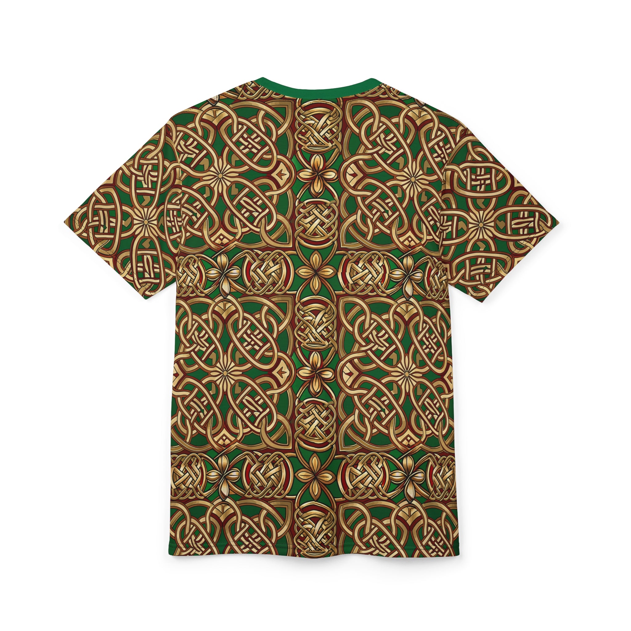 T-shirt with intricate green and brown pattern on a white background