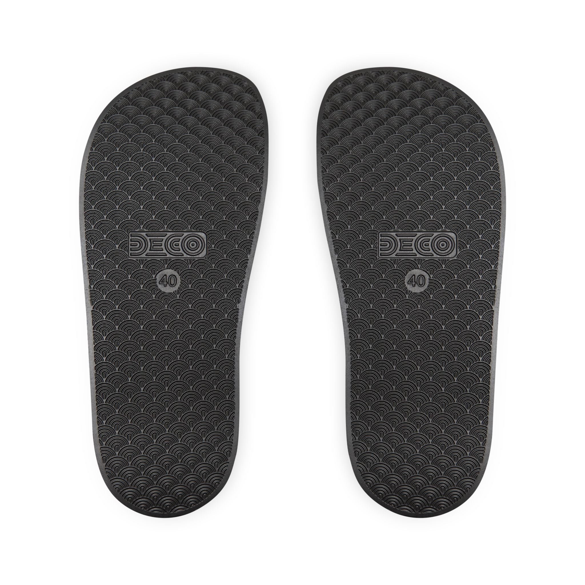 Black shoe insoles with DECO branding on a white background