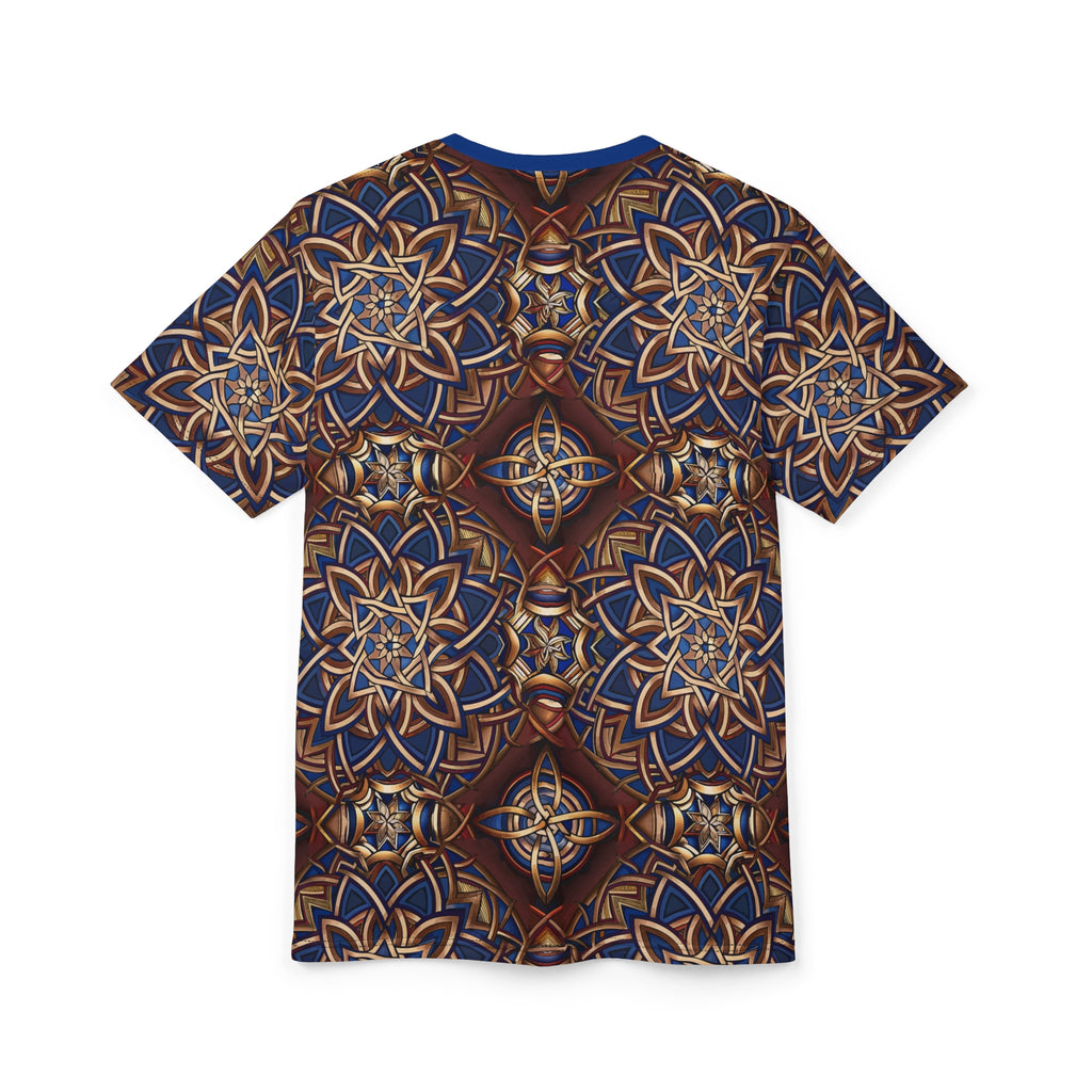 T-shirt with a Celtic pattern in blue and brown on a white background