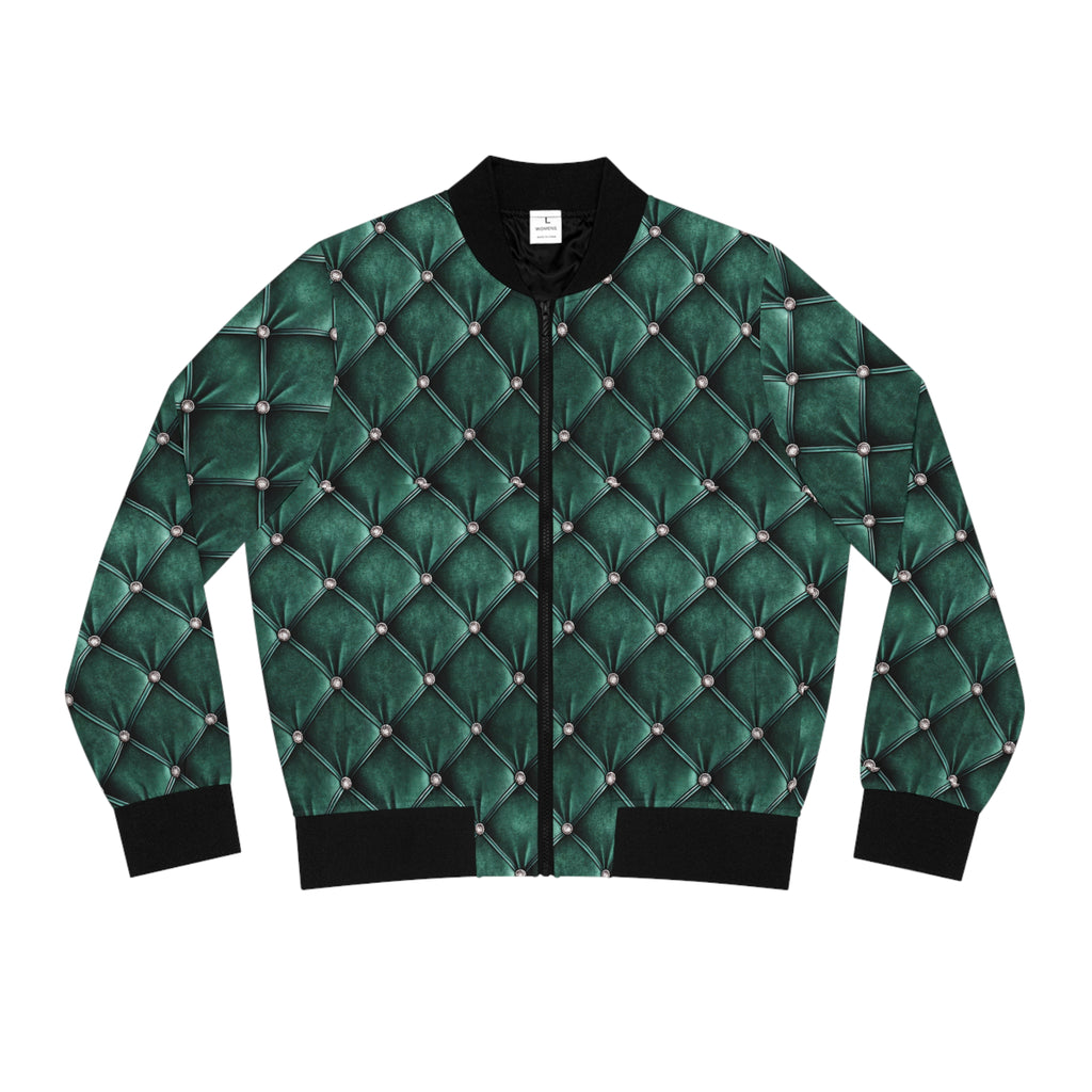 Green faux tufted bomber jacket on a white background.