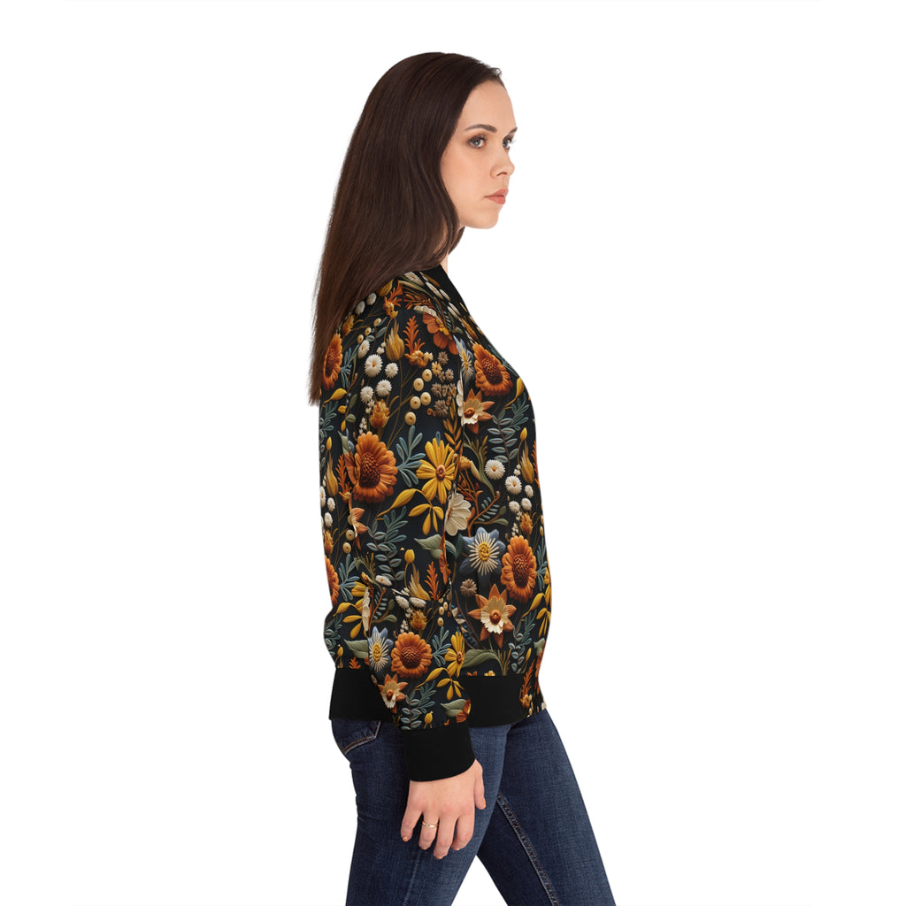 Model wearing a a Floral bomber jacket on a white background.