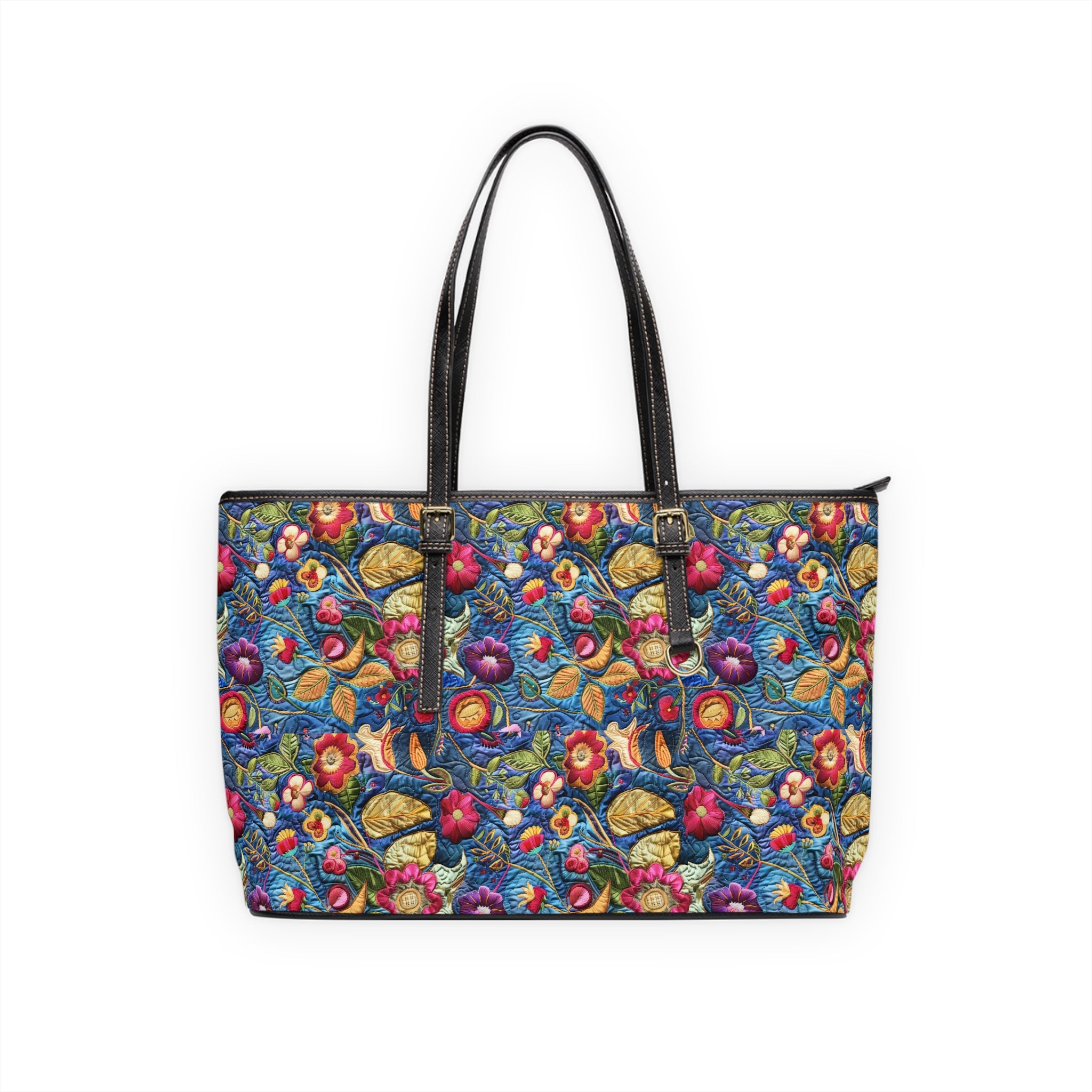 Colorful floral-patterned tote bag on a white background