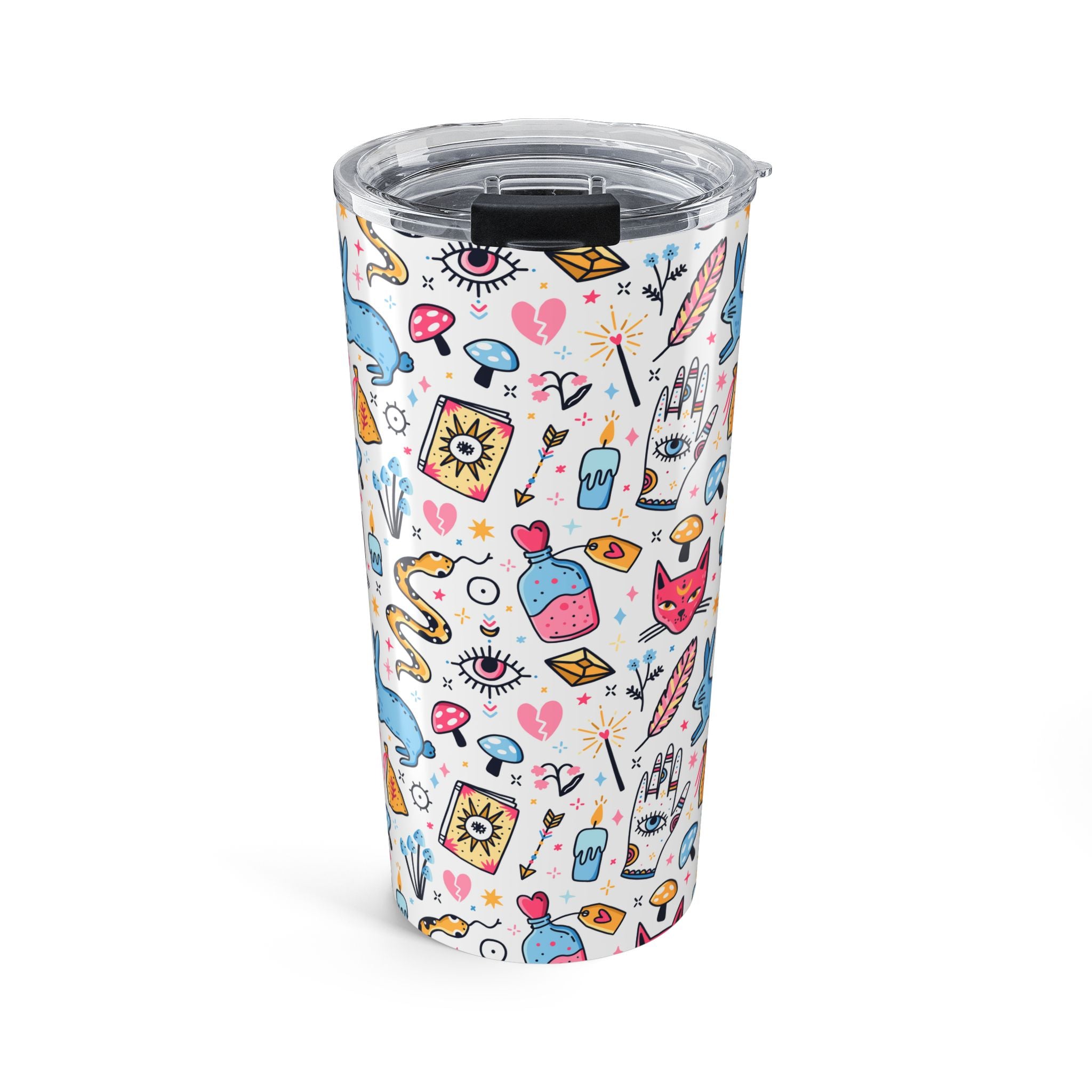 Tumbler with colorful tattoo-style design on a white background