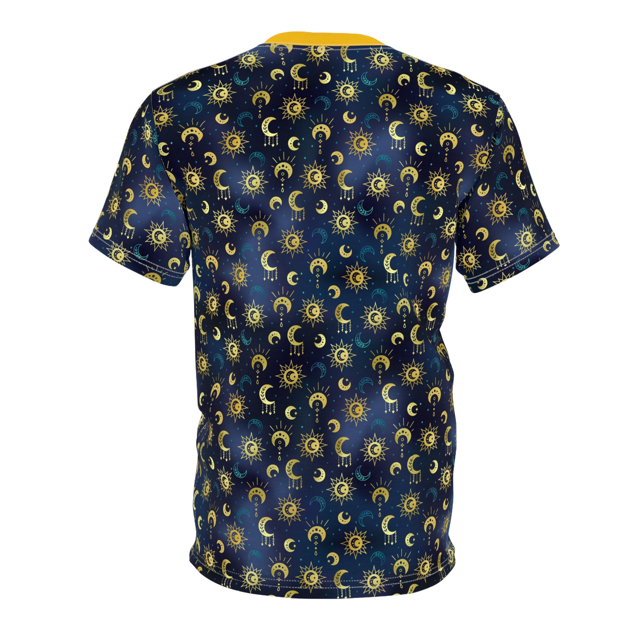 back of T-shirt with celestial pattern on a navy background