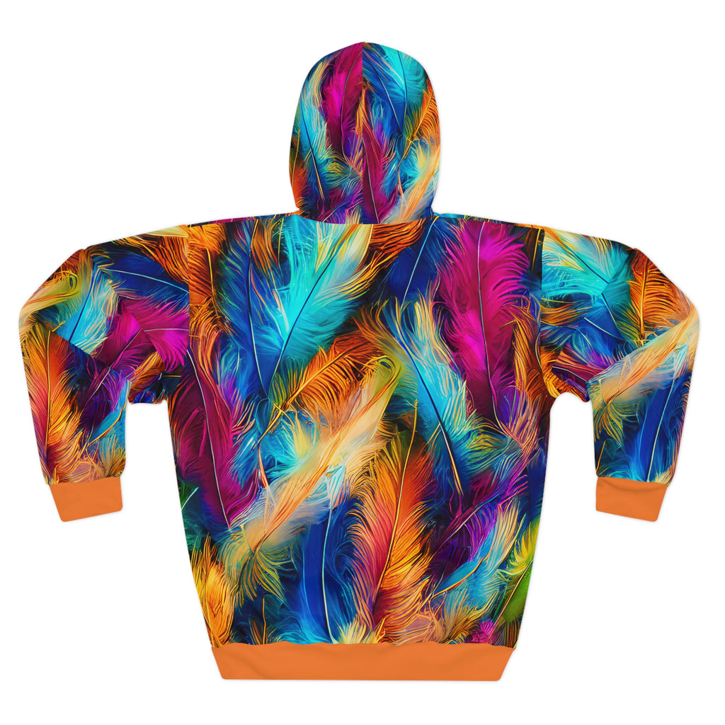 Featherburst All-Over Print Hoodie — Vibrant Multicolor Feather Design