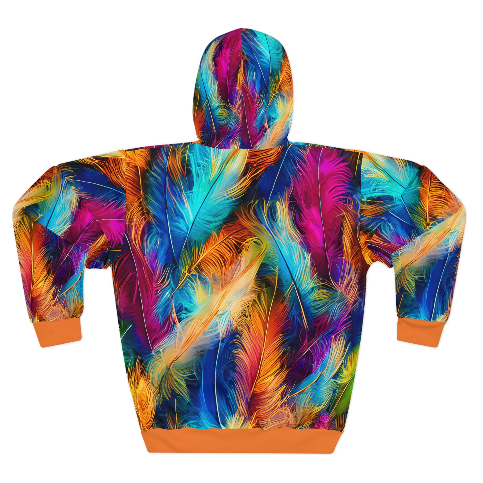 Featherburst All-Over Print Hoodie — Vibrant Multicolor Feather Design