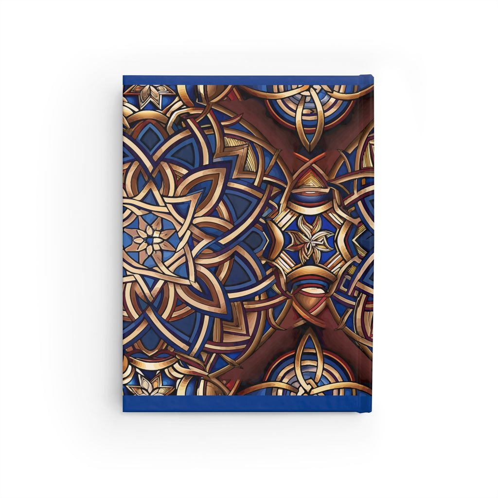 Notebook with a blue and gold Celtic pattern on a white background