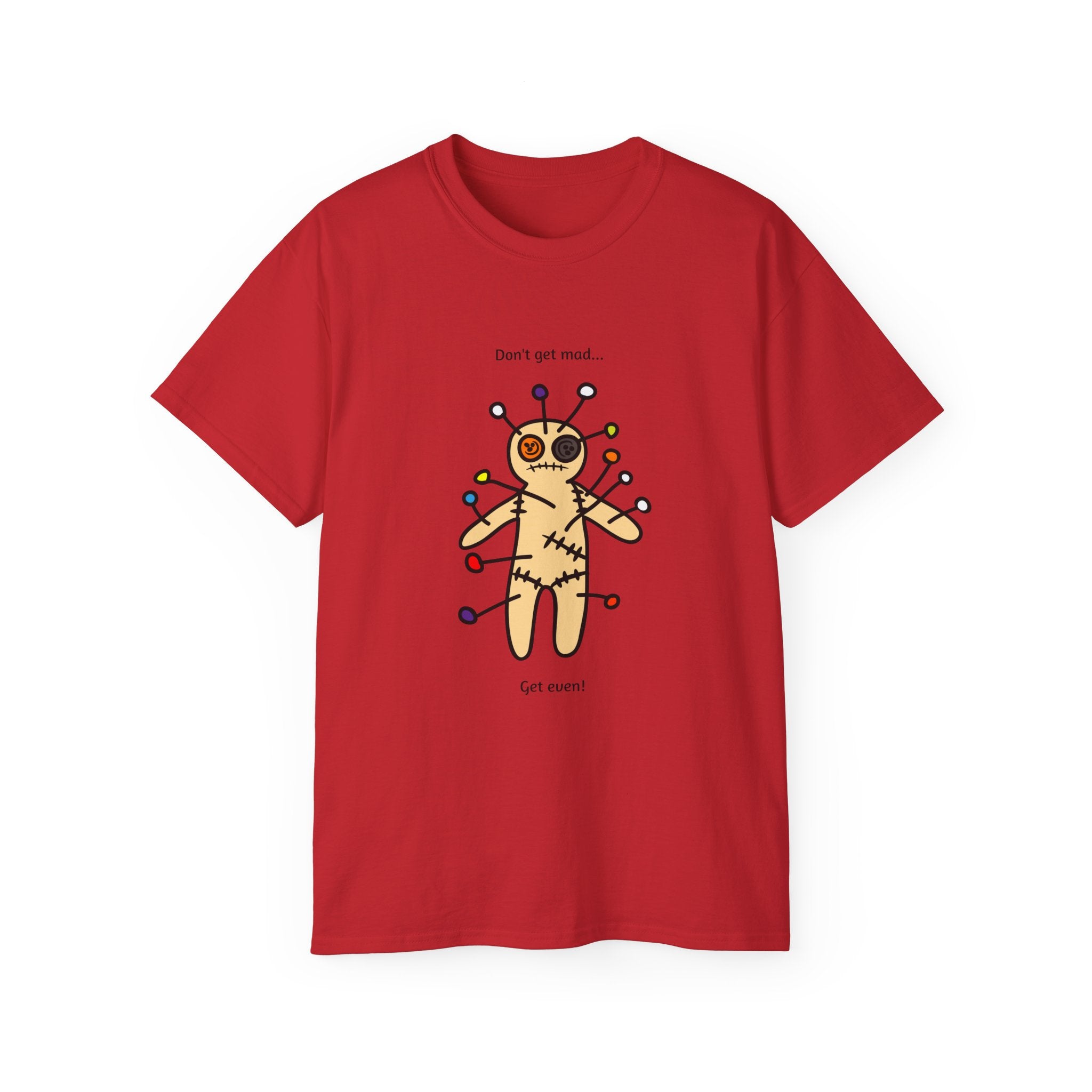 Red t-shirt with a voodoo doll graphic and text 