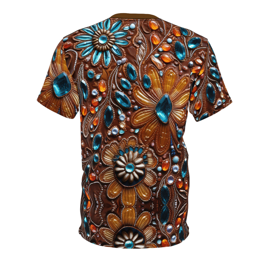 Faux jewel toned t-shirt on white background.