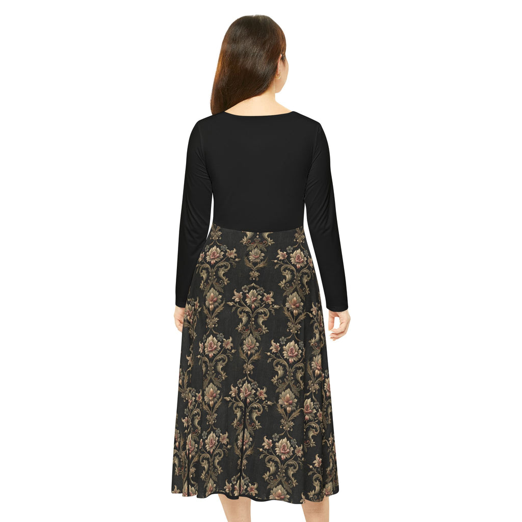 Model wearing a black Victorian print dress on a white background