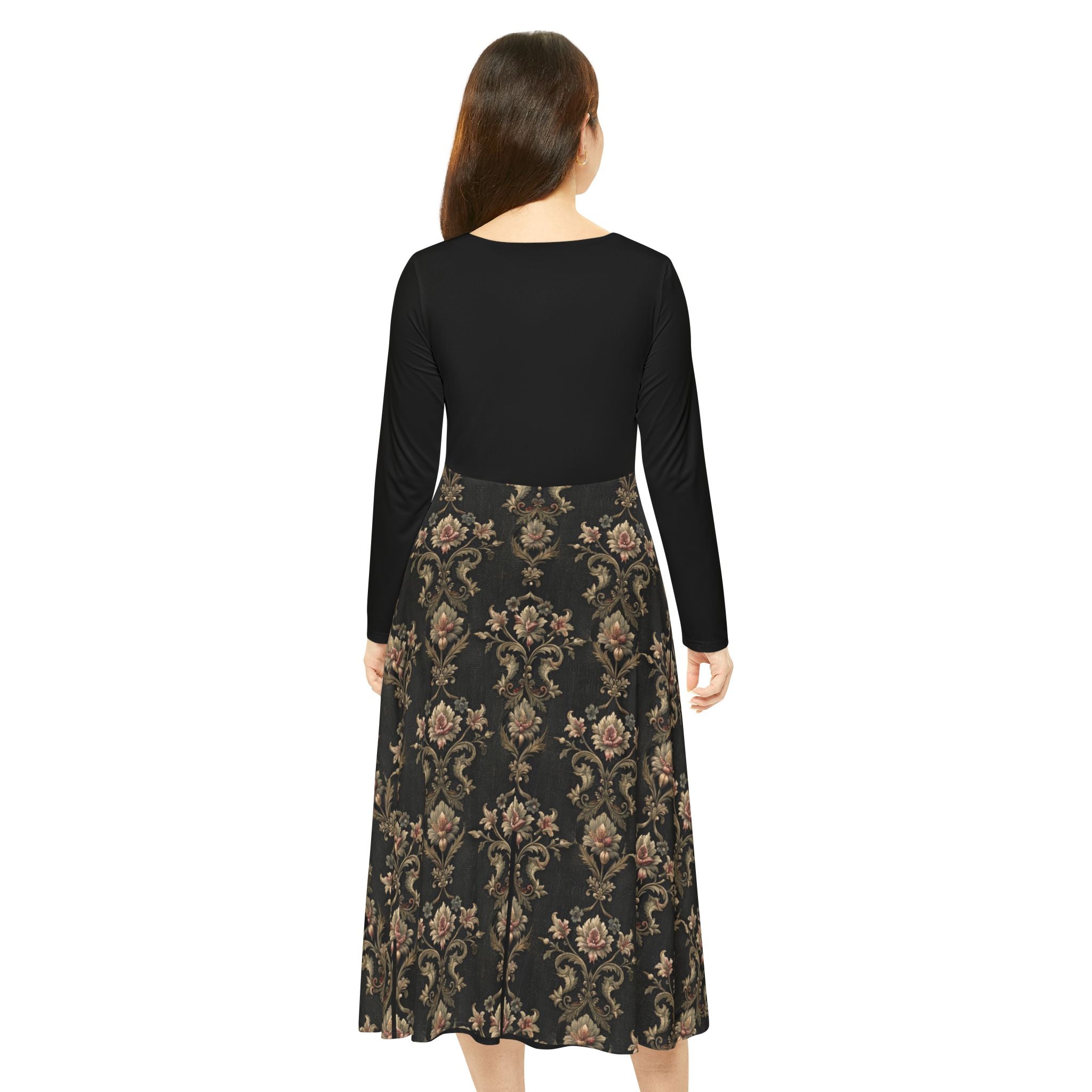 Model wearing a black Victorian print dress on a white background