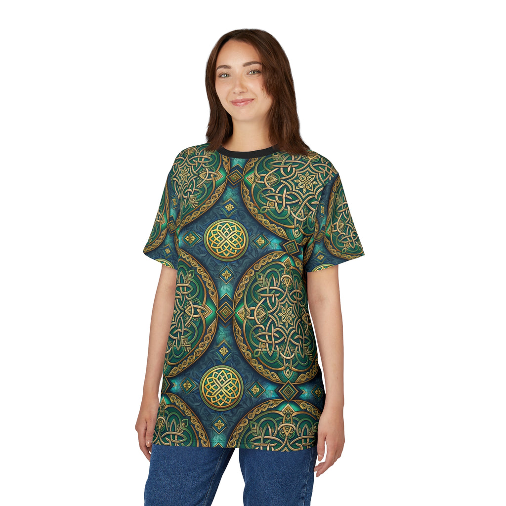 Woman wearing a t-shirt with a Celtic knot pattern on a white background
