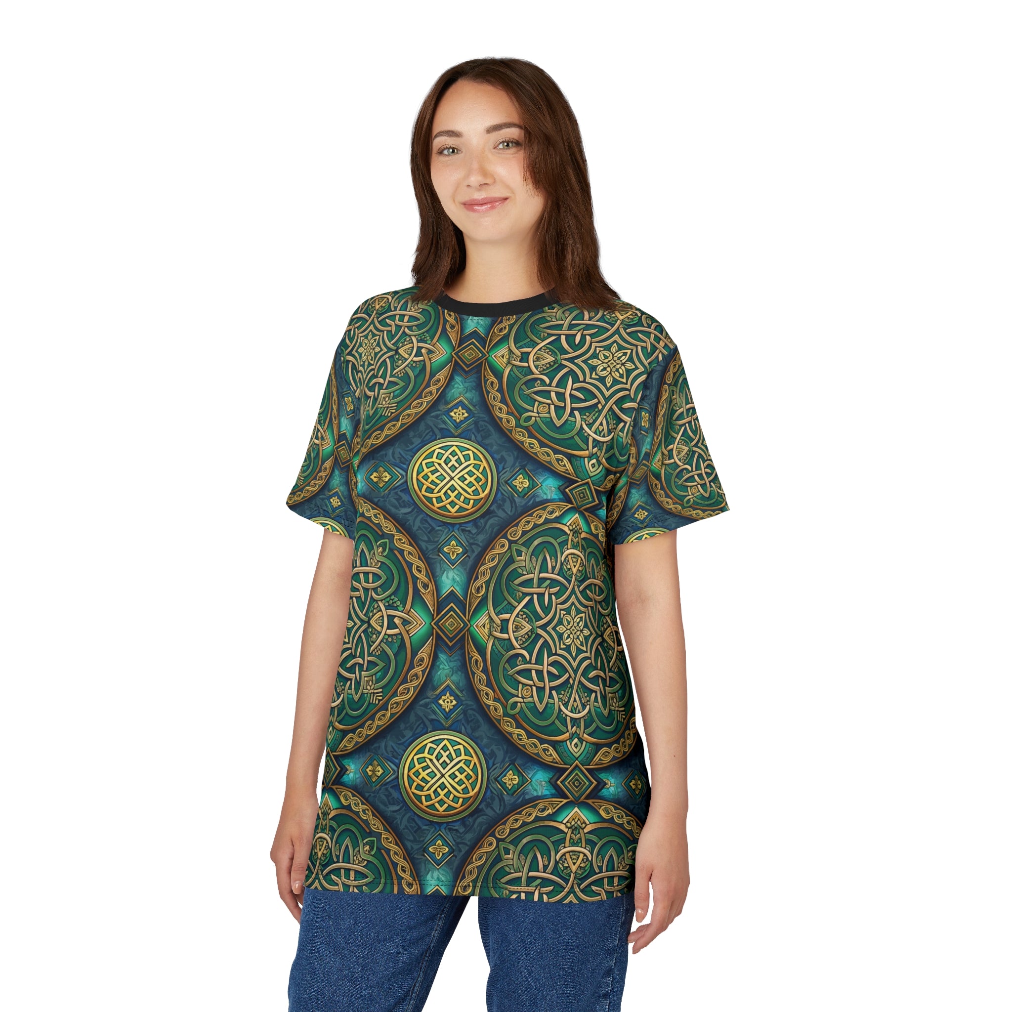 Woman wearing a t-shirt with a Celtic knot pattern on a white background