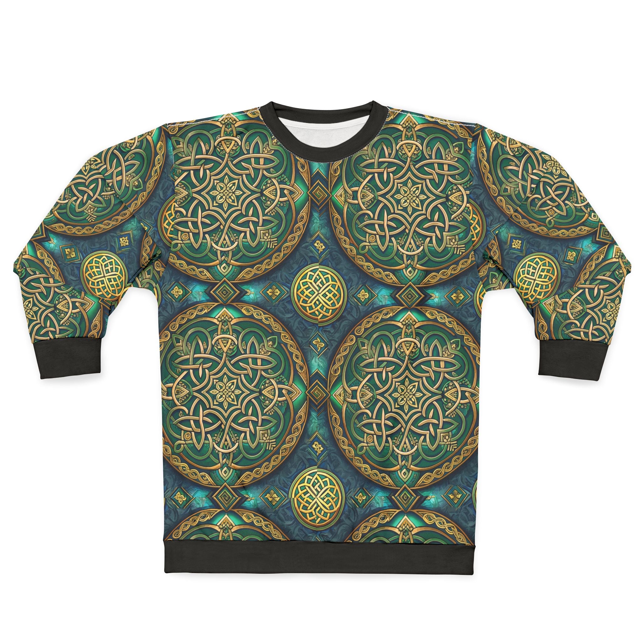 Sweatshirt with intricate Celtic knot pattern on a white background