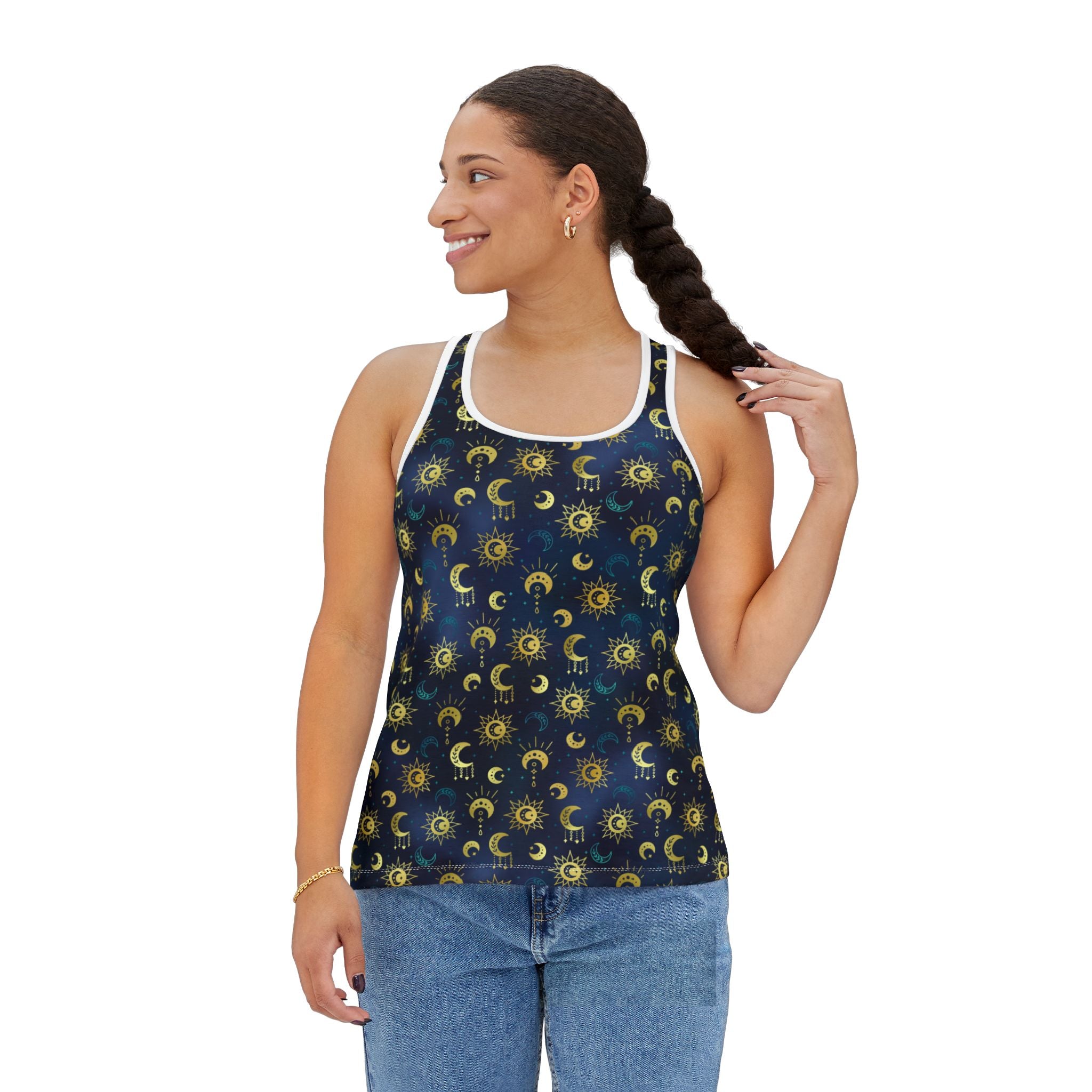 Model wearing Tank top in celestial pattern