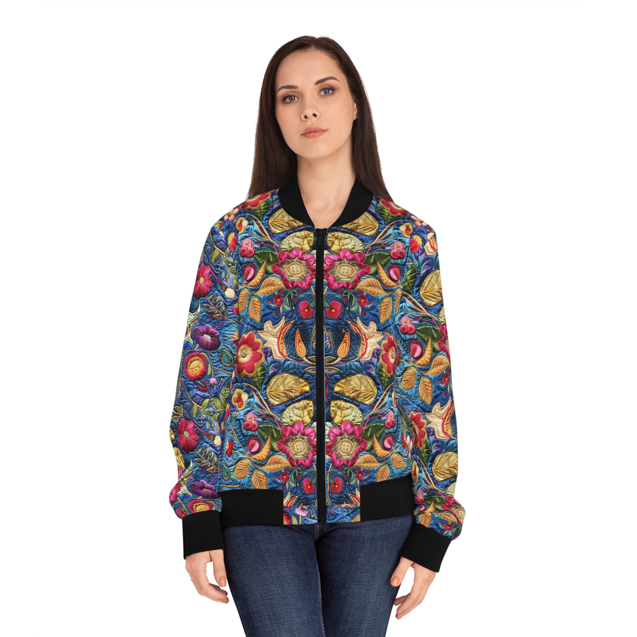 Floral Embroidery Print Bomber Jacket — Colorful Vintage Garden AOP
