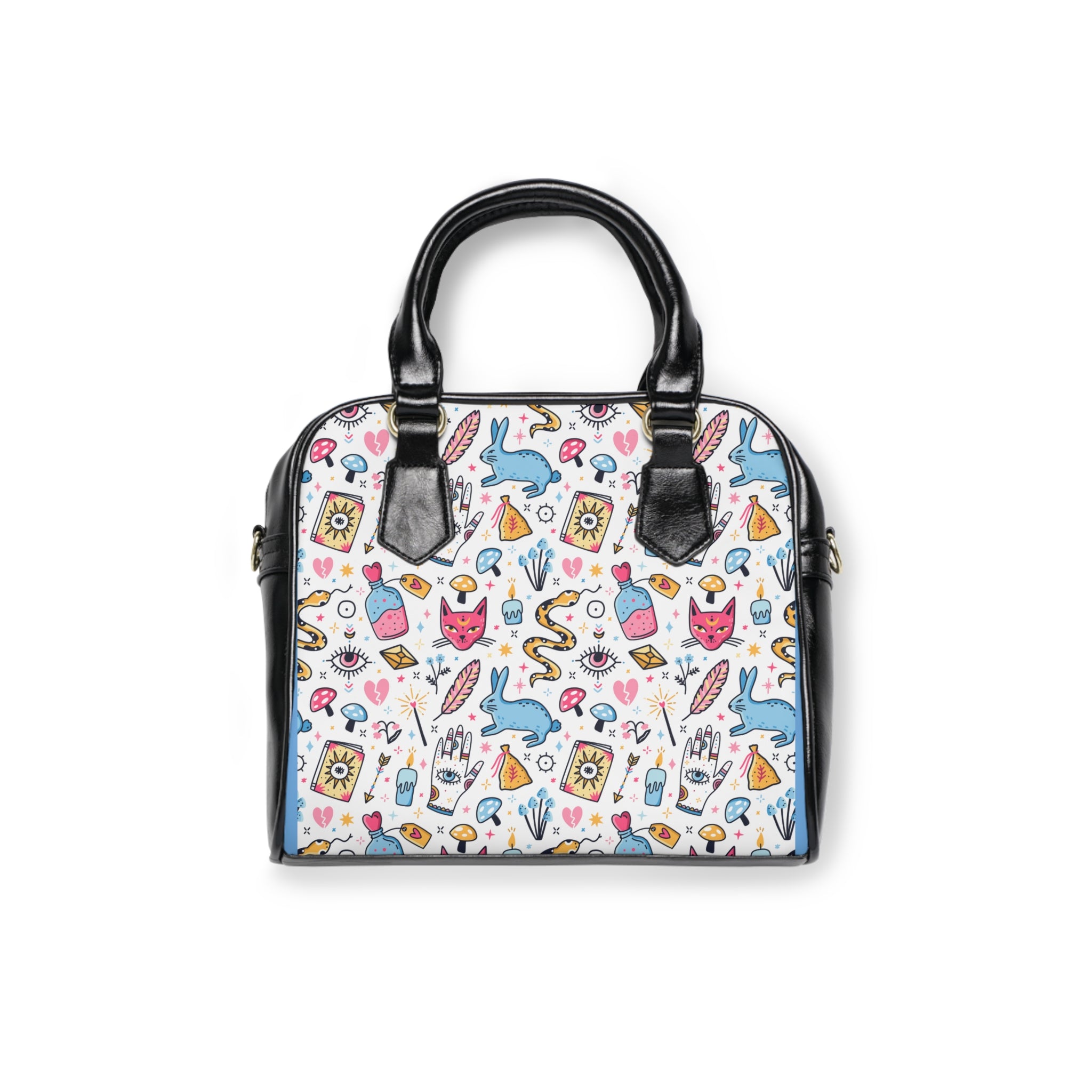 Handbag with colorful pattern on a white background