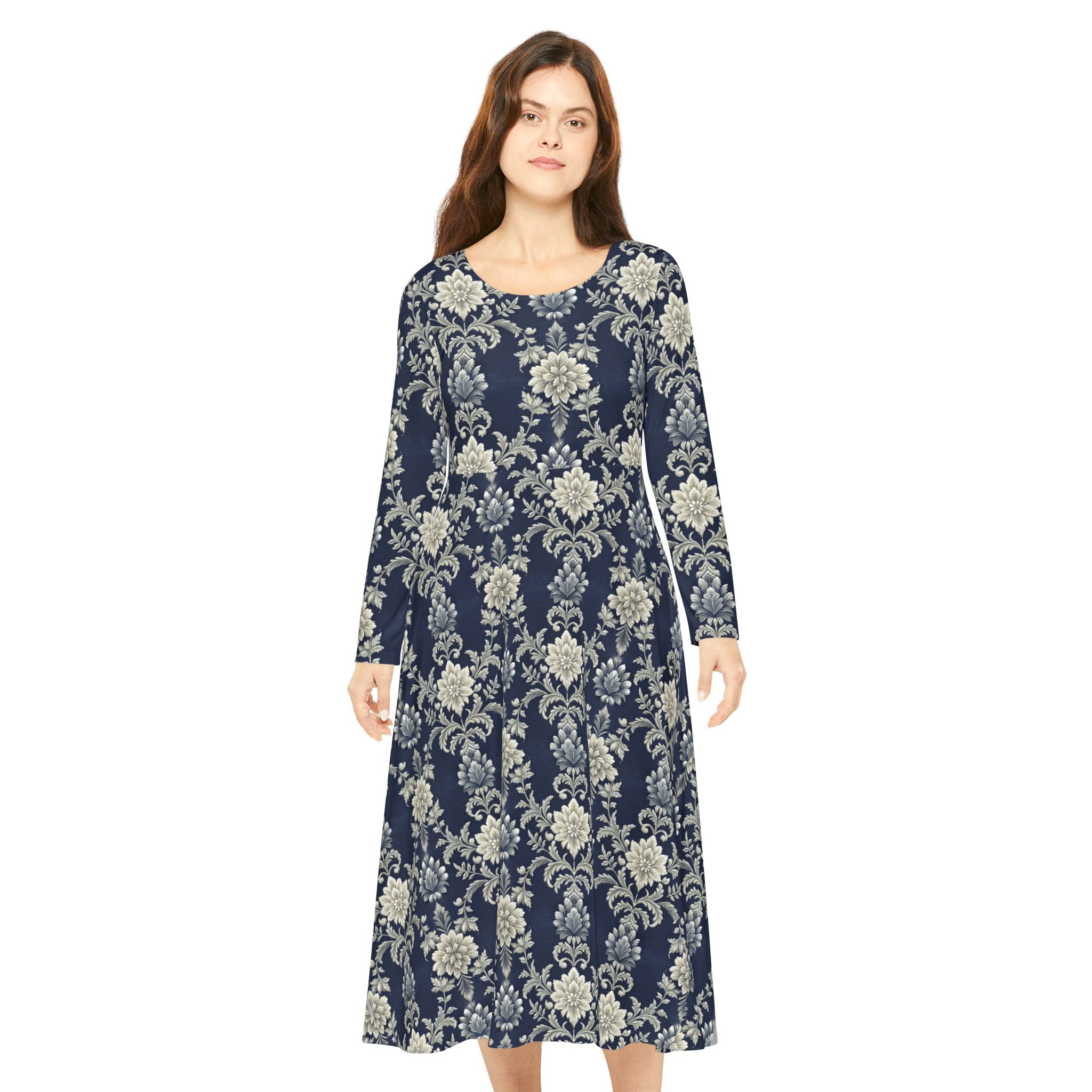 Model wearing a Blue Victorian print dress on a white background