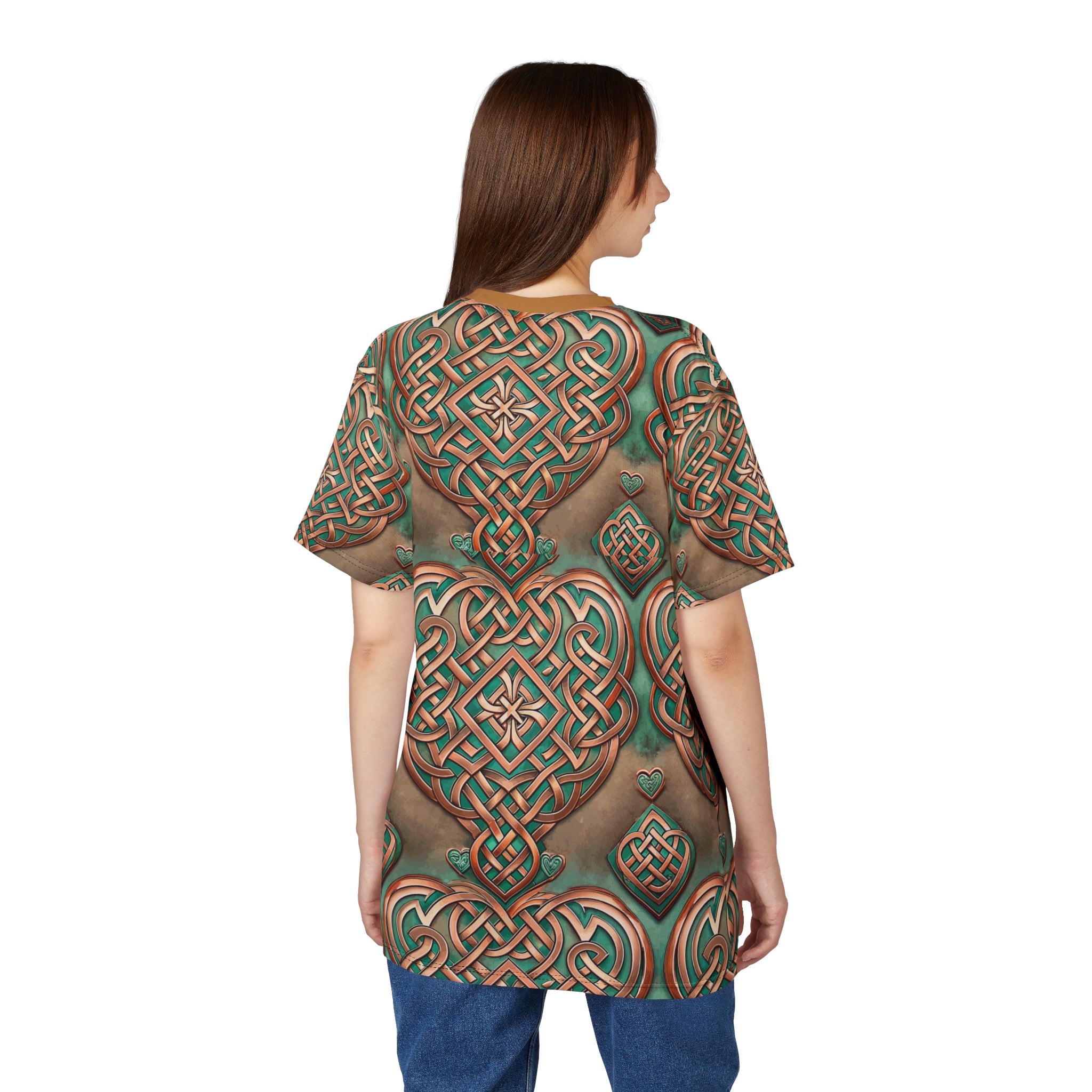Woman wearing a t-shirt with intricate Celtic knot patterns on a white background